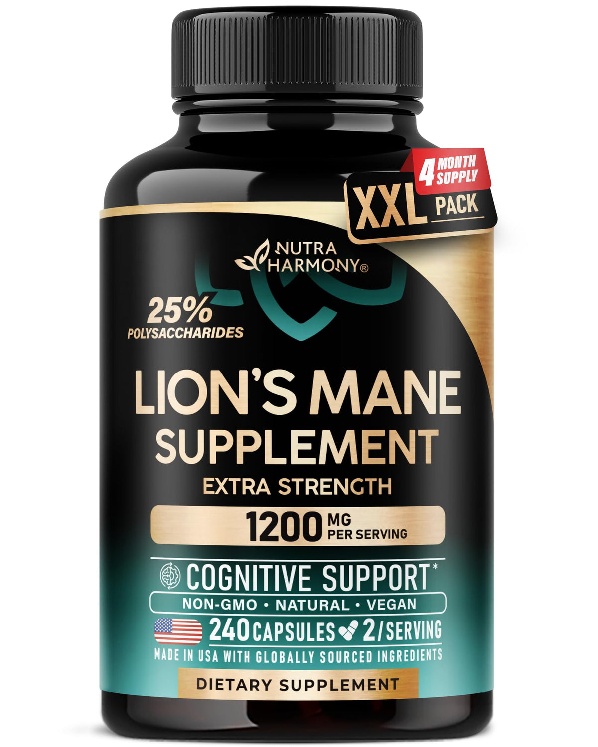 NUTRAHARMONY – Bouteille crinière de lion – soutien cognitif potentiel.