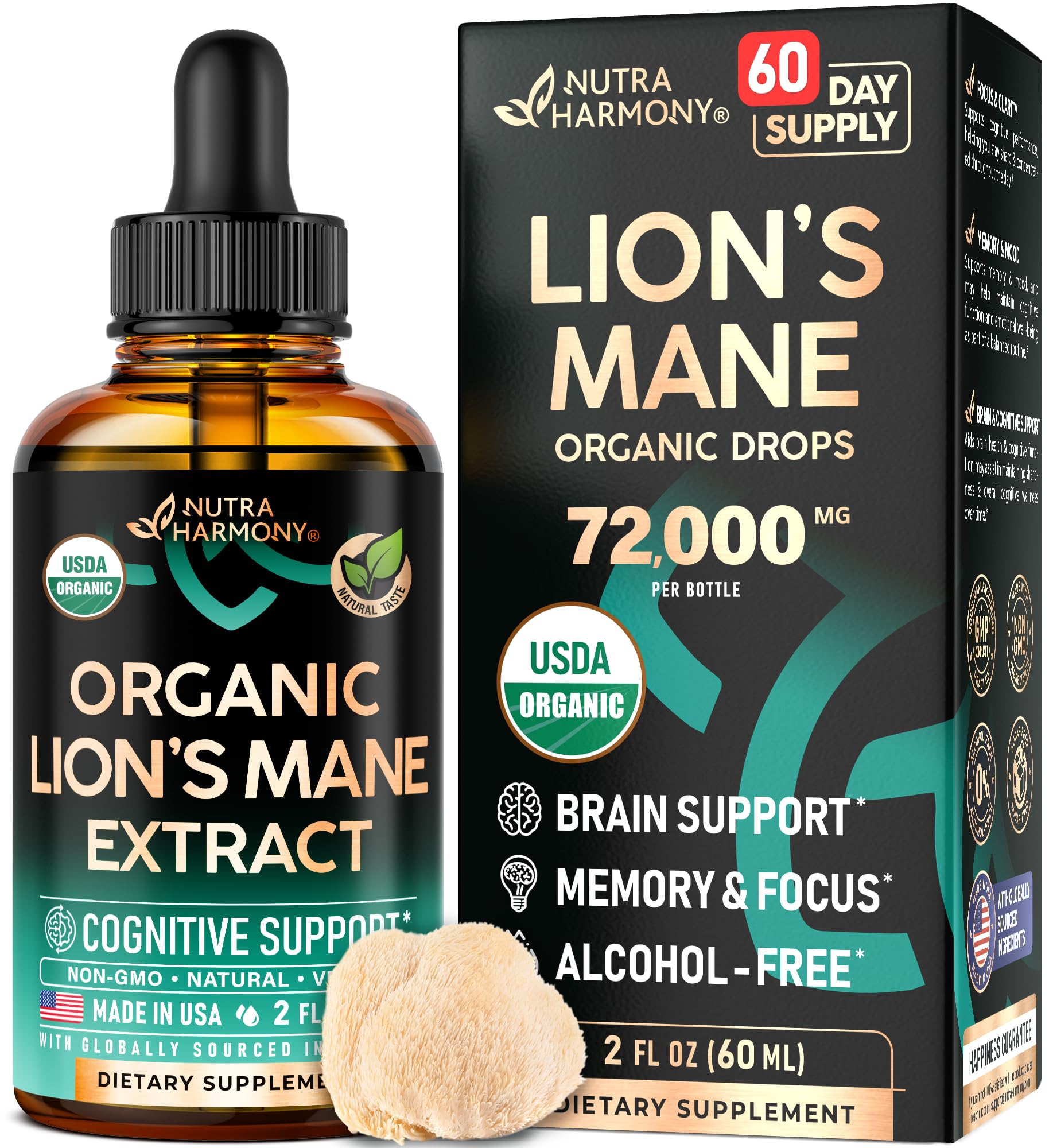 NUTRAHARMONY Crinière de lion Liquide – bouteille prête à l’emploi, soutien cognitif potentiel.