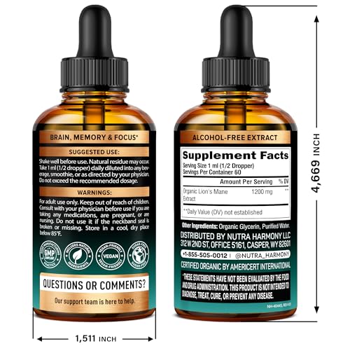 NUTRAHARMONY Crinière de lion Liquide – doseur gouttes facilitant l’administration quotidienne.