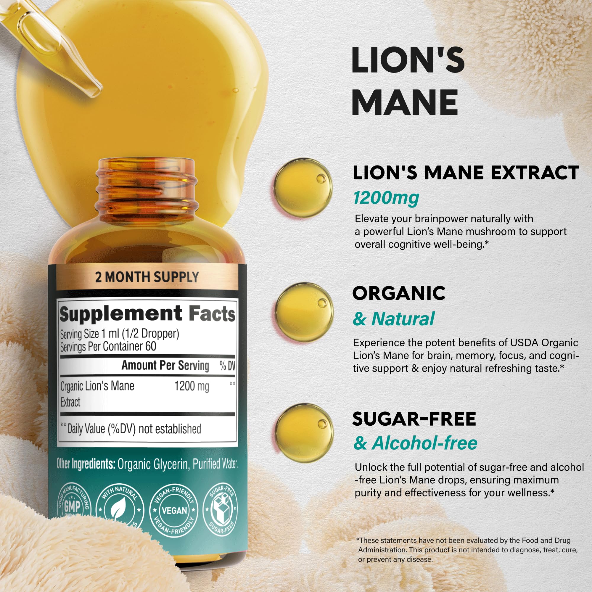 NUTRAHARMONY Crinière de lion Liquide – emballage compact pour maison et voyages.