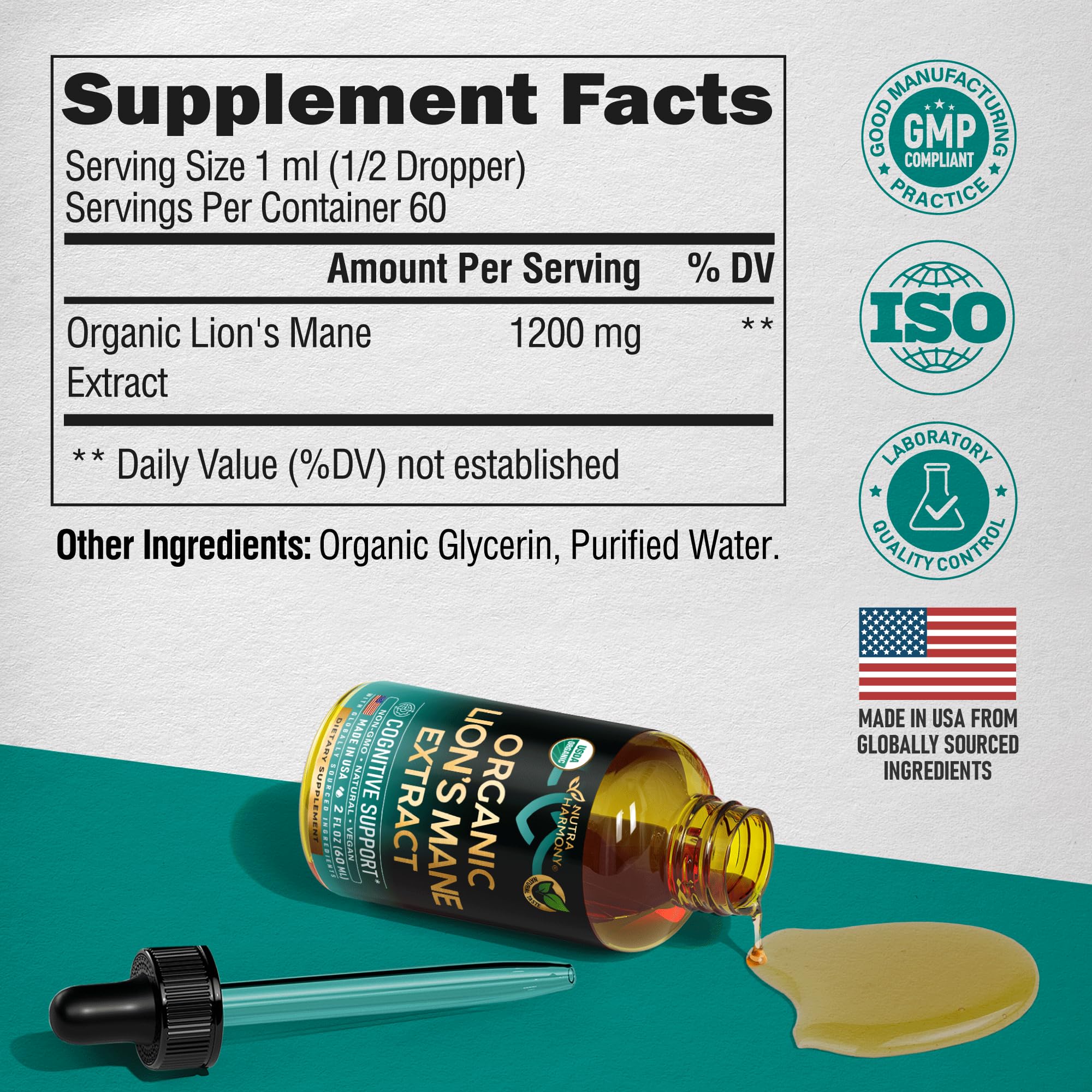 NUTRAHARMONY Crinière de lion Liquide – gouttes faciles à intégrer dans la routine quotidienne.
