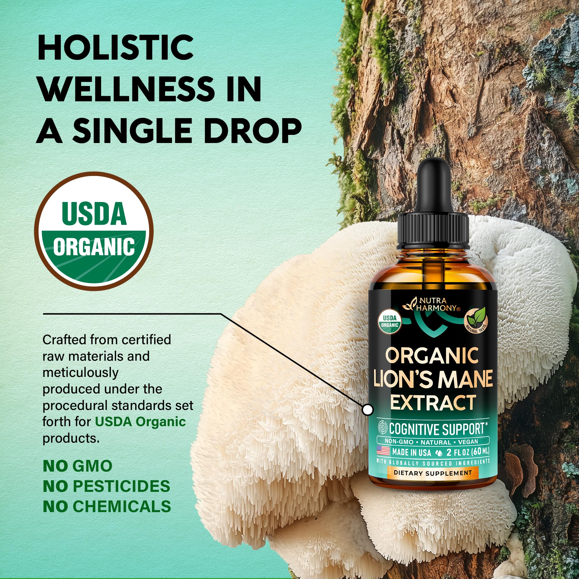 NUTRAHARMONY Crinière de lion Liquide – label USDA, qualité et traçabilité.