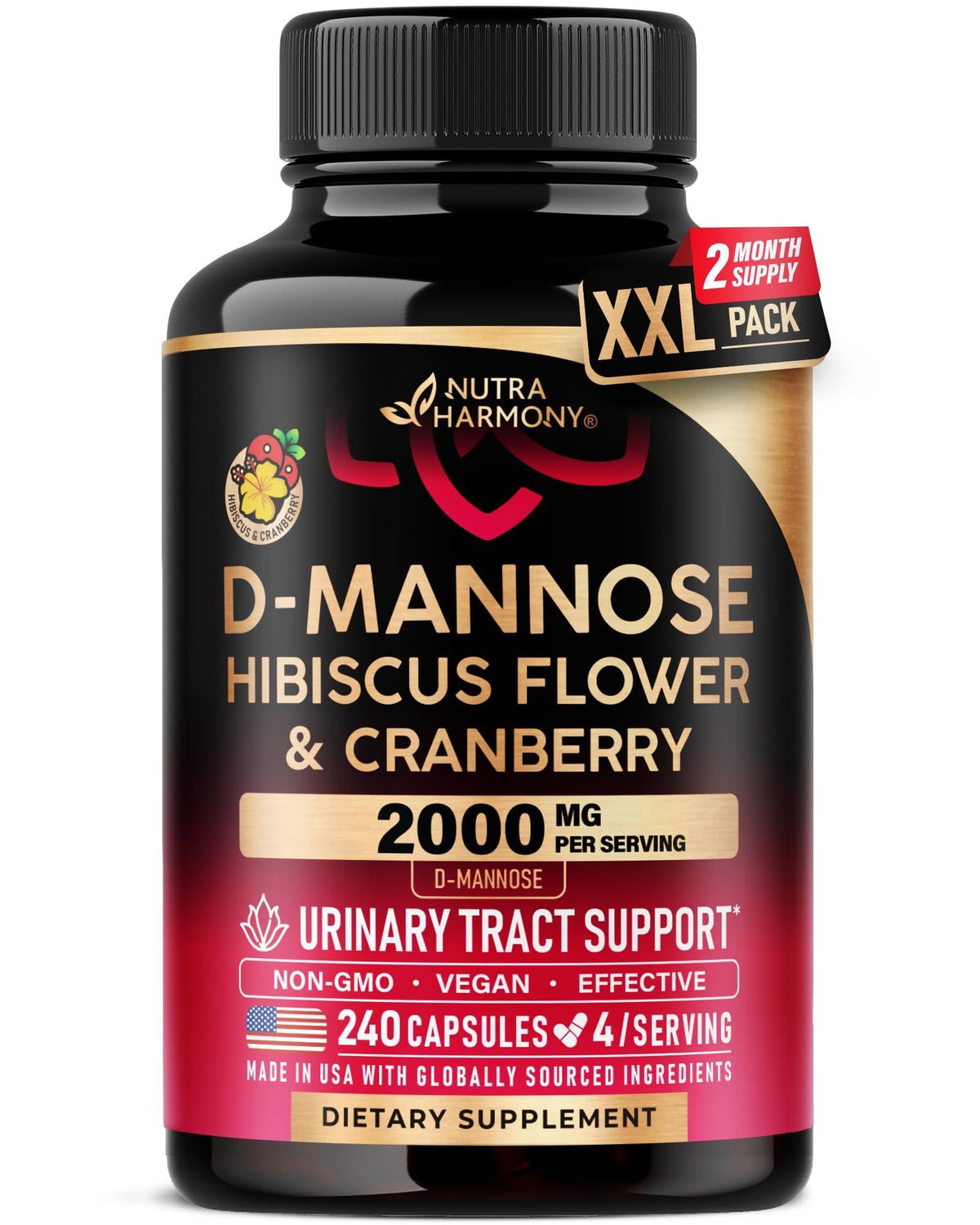 NUTRAHARMONY D-Mannose 2000mg, bouteille de capsules, soutien potentiel du système urinaire.