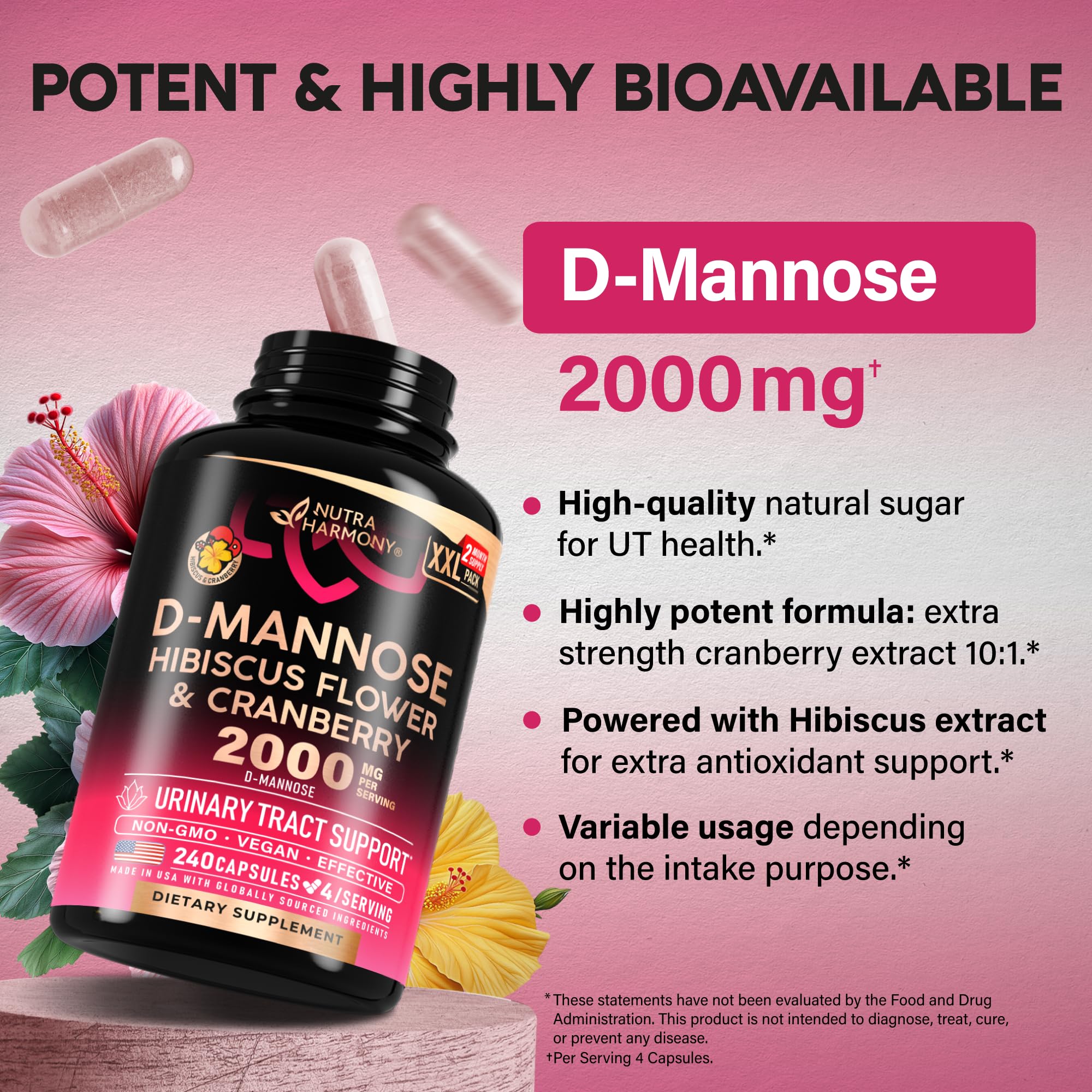 NUTRAHARMONY D-Mannose Capsules, formulation pharmaceutique, pureté et qualité.
