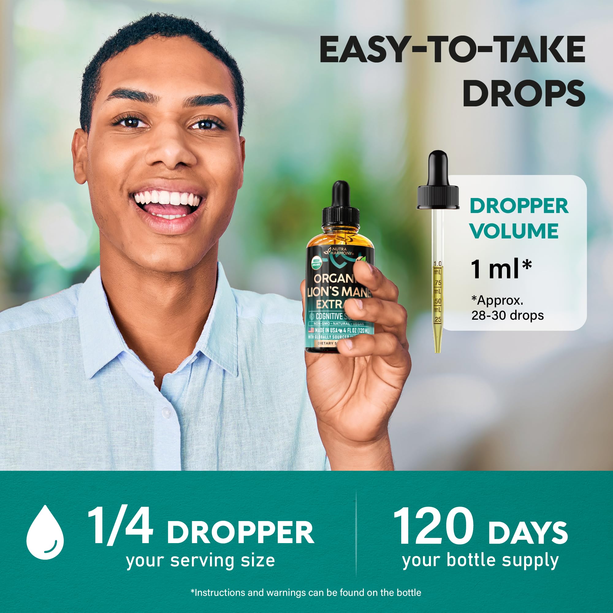 NutraHarmony Lions Mane Liquid en étiquette claire; pratique pour les routines quotidiennes.