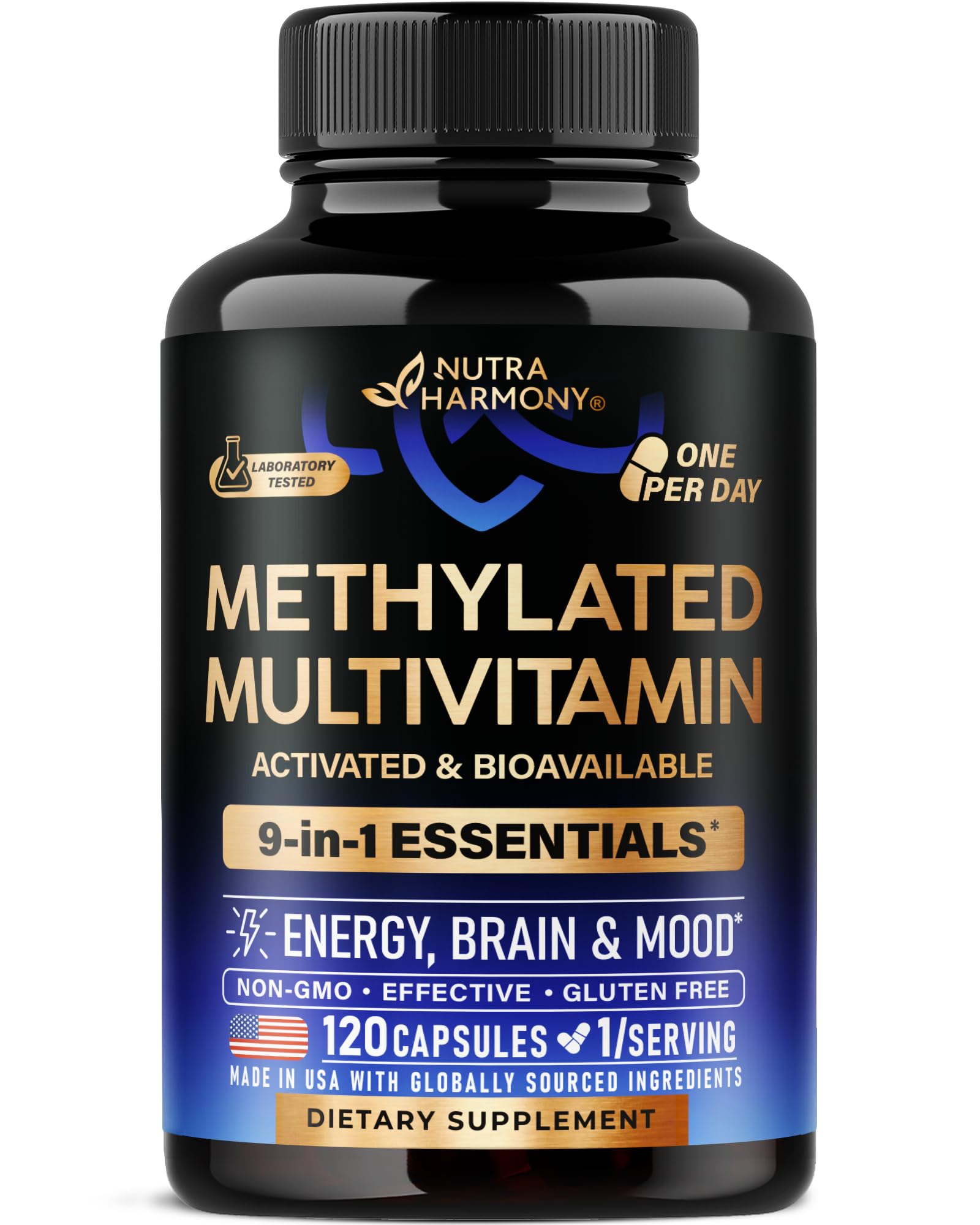 NUTRAHARMONY multivitamine méthylée dans la bouteille pour énergie naturelle et bien-être.
