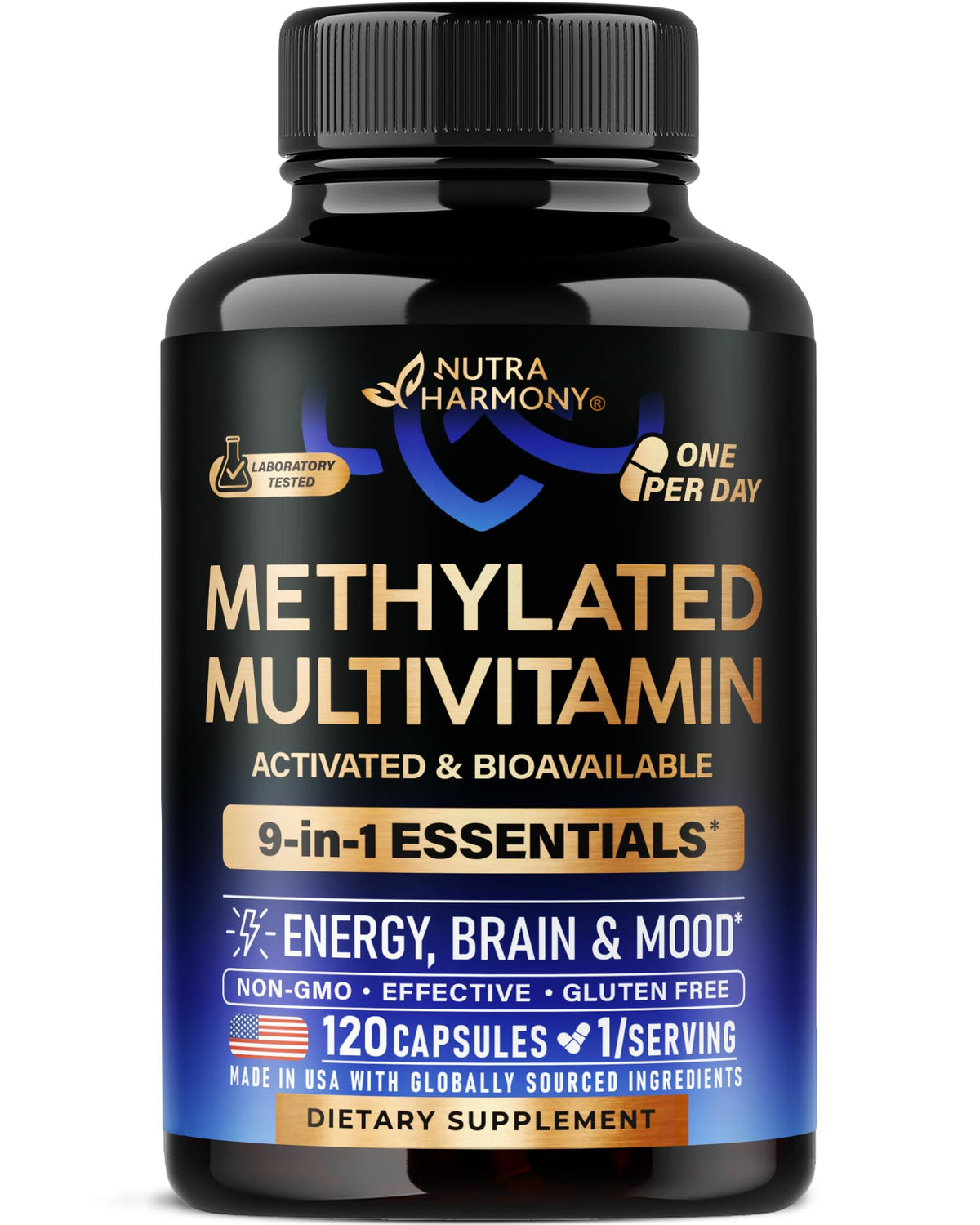 NUTRAHARMONY multivitamine méthylée dans la bouteille pour énergie naturelle et bien-être.