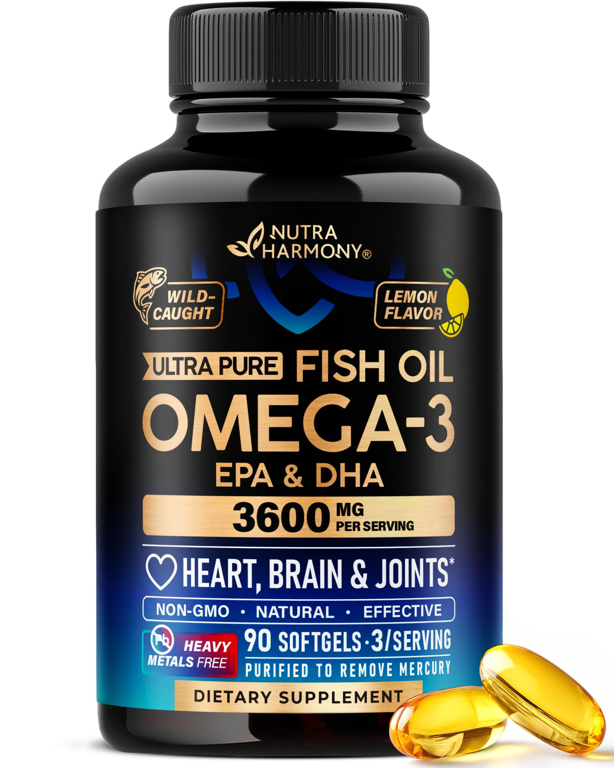 NutraHarmony Omega-3 Poisson 3600 mg – Bouteille pratique pour le soutien quotidien du cœur.