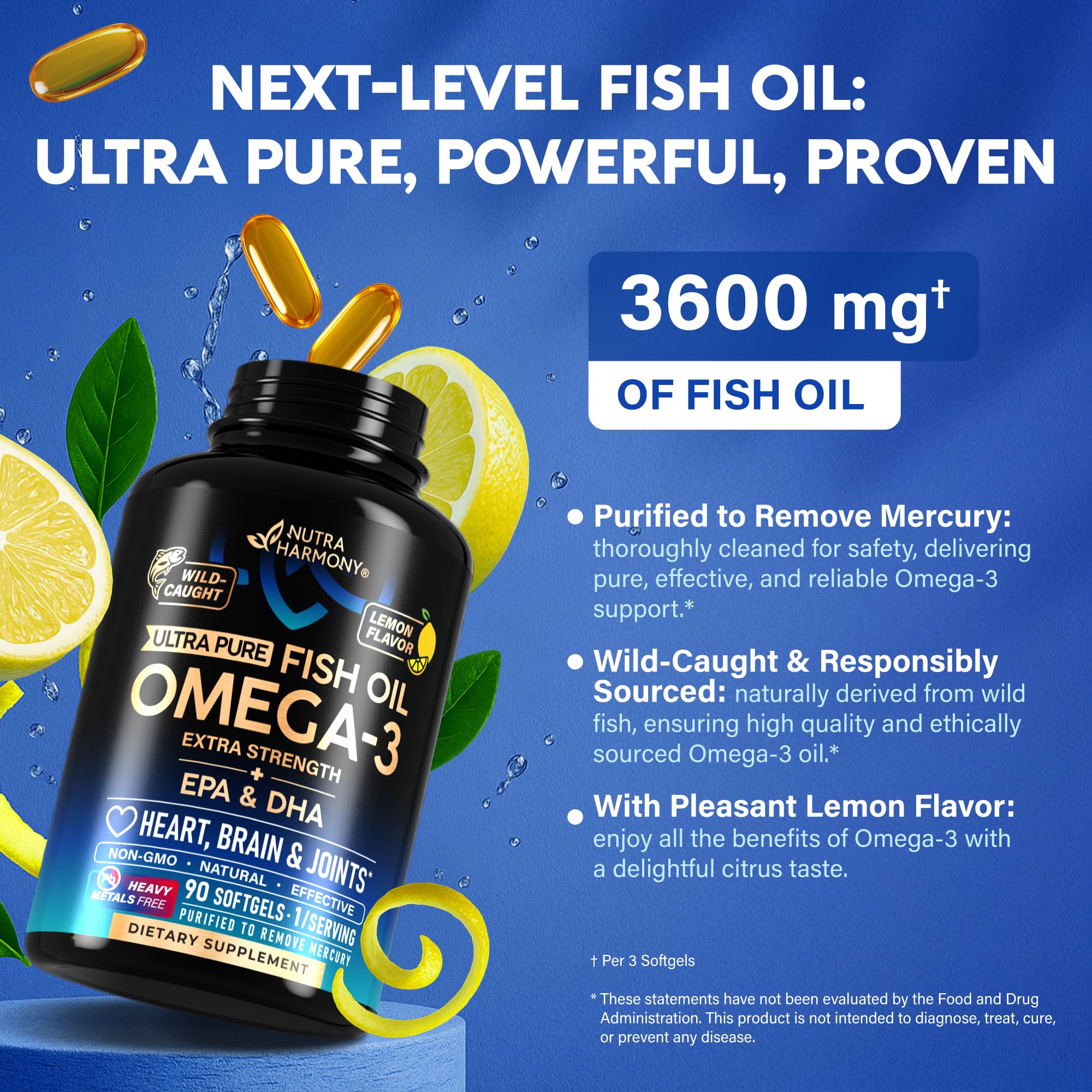 NutraHarmony Omega-3 Poisson 3600 mg – Capsules molles visibles en gros plan.