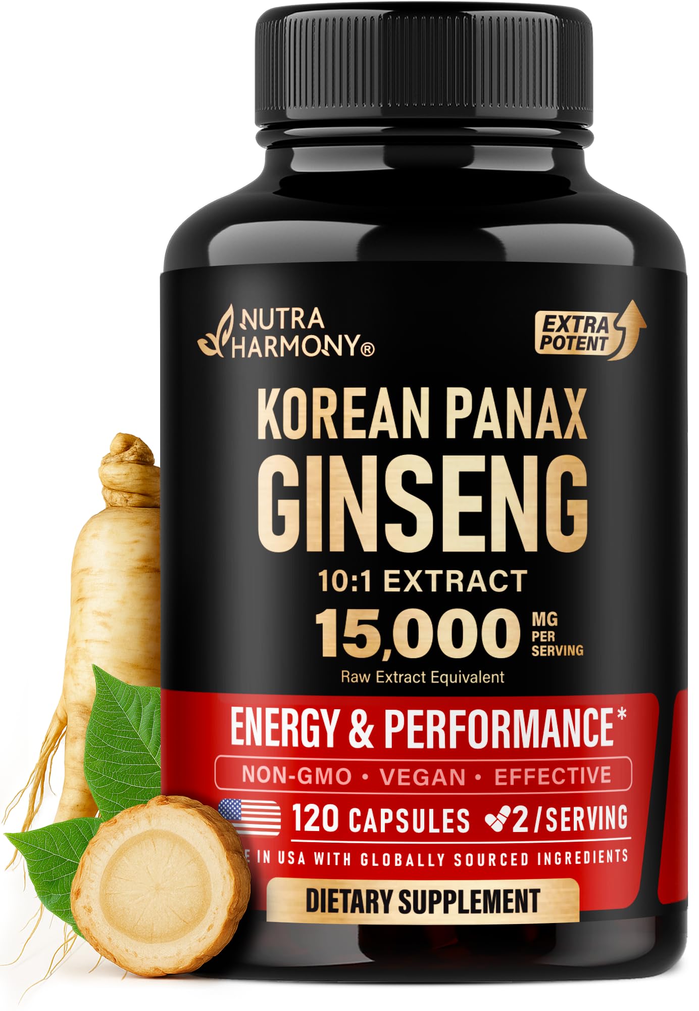NutraHarmony Panax Ginseng 15000 mg – Bouteille indiquant énergie durable.