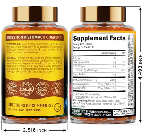NutraHarmony Probiotiques bouteille-60-bonbons, pratique en déplacement pour digestion quotidienne.