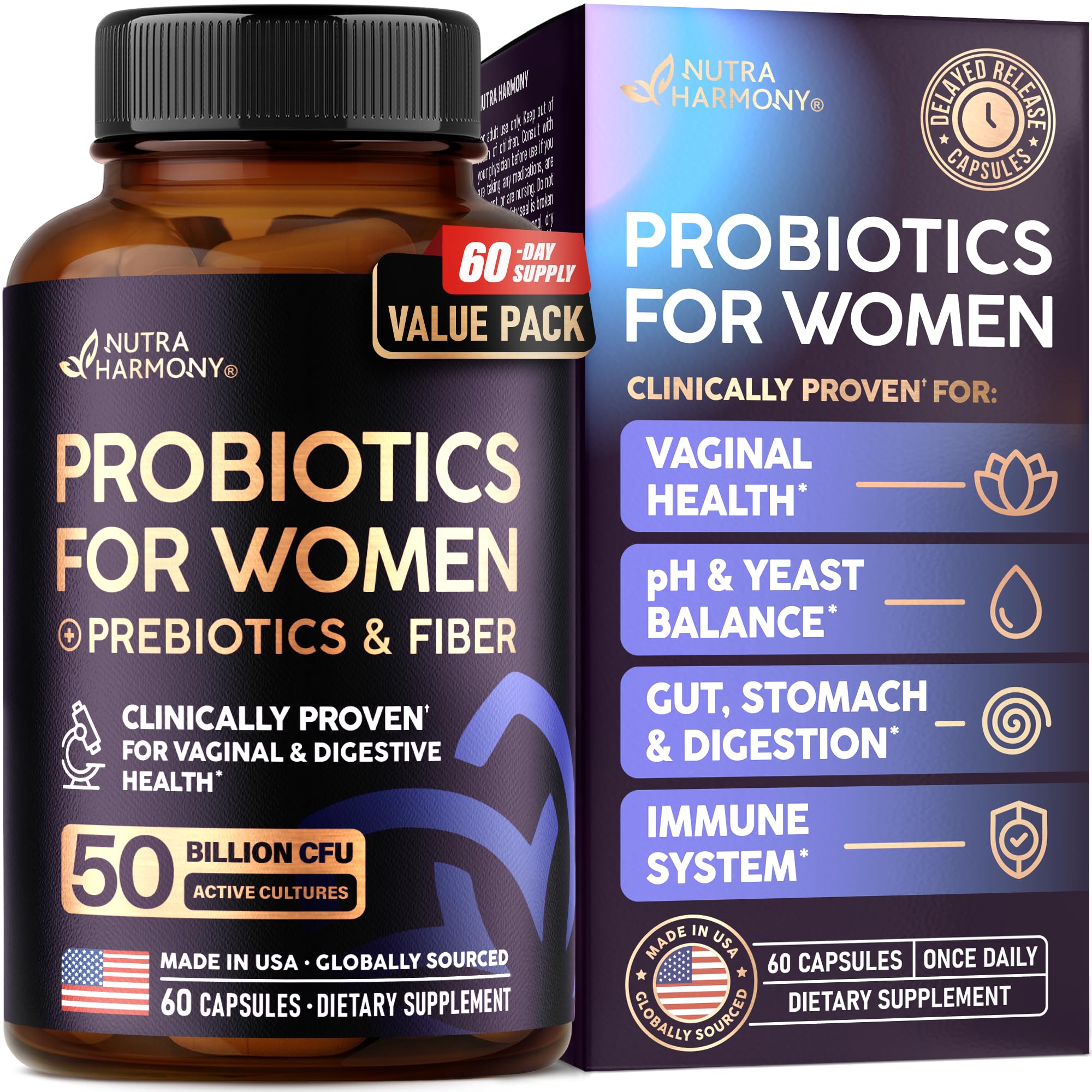 NutraHarmony Probiotiques pour femmes, flacon visible, soutien potentiel à l'équilibre vaginal.
