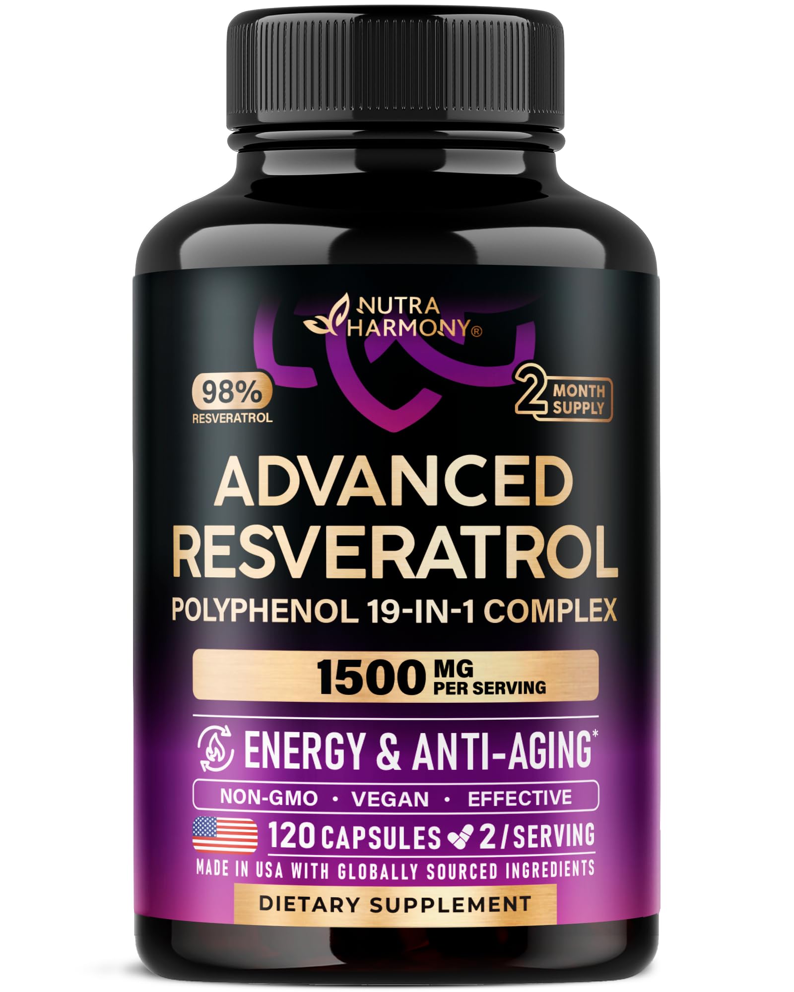 NutraHarmony Resveratrol polyphénols – boîte 120 gélules, soutien antioxydant quotidien.