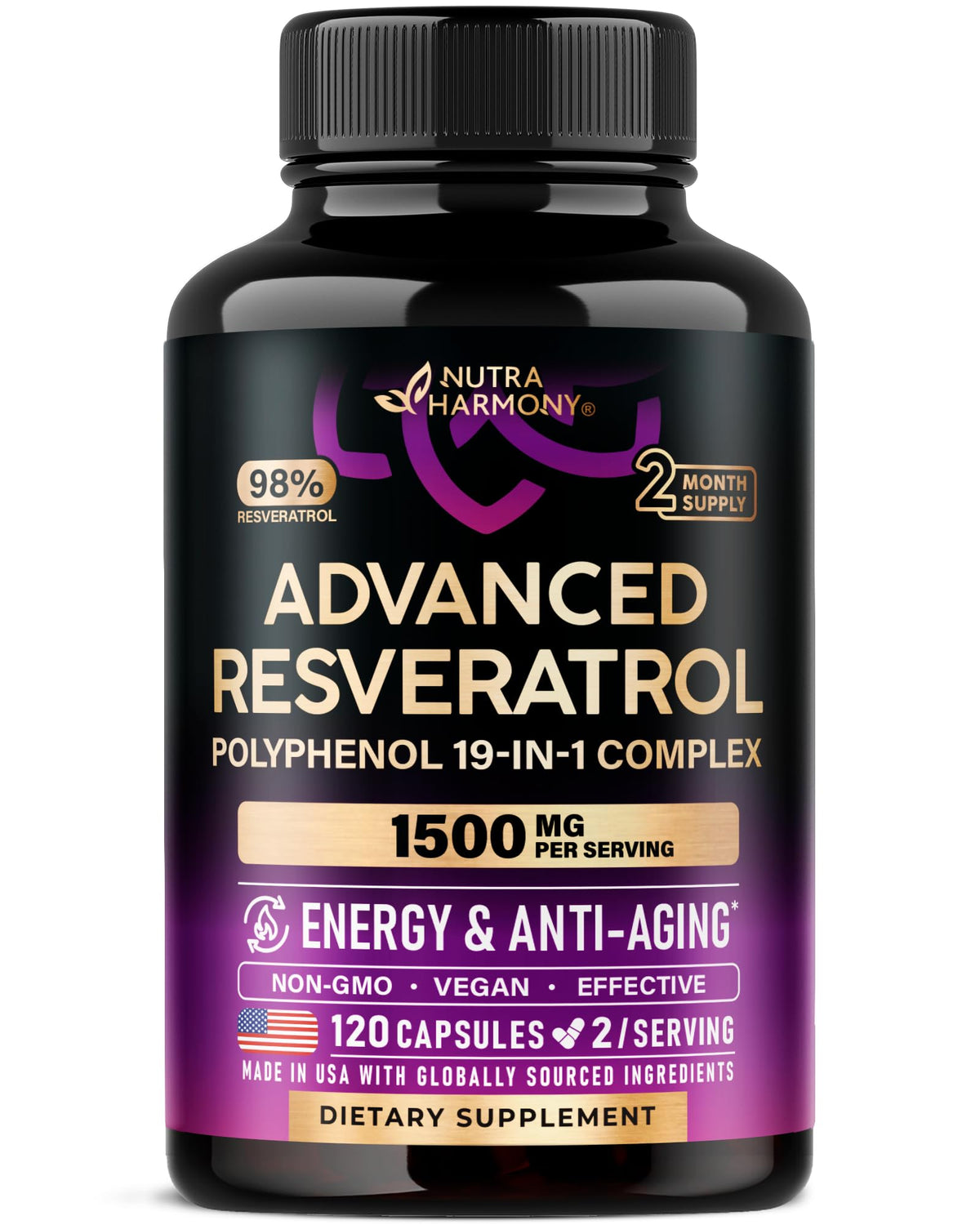 NutraHarmony Resveratrol polyphénols – boîte 120 gélules, soutien antioxydant quotidien.