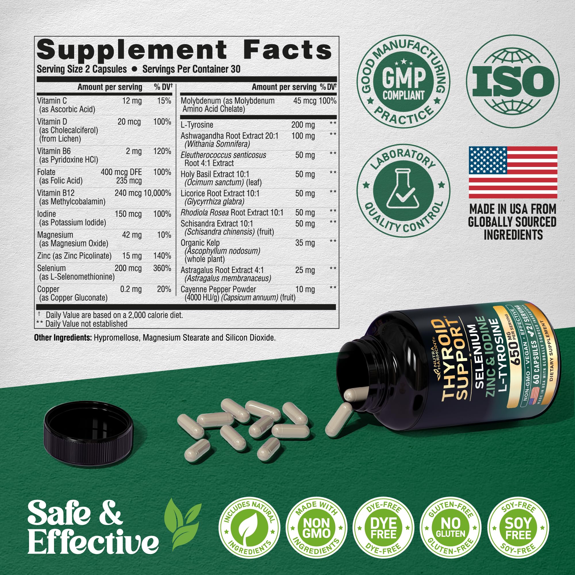 NutraHarmony Thyroïde Support : étiquette détail des ingrédients clés.