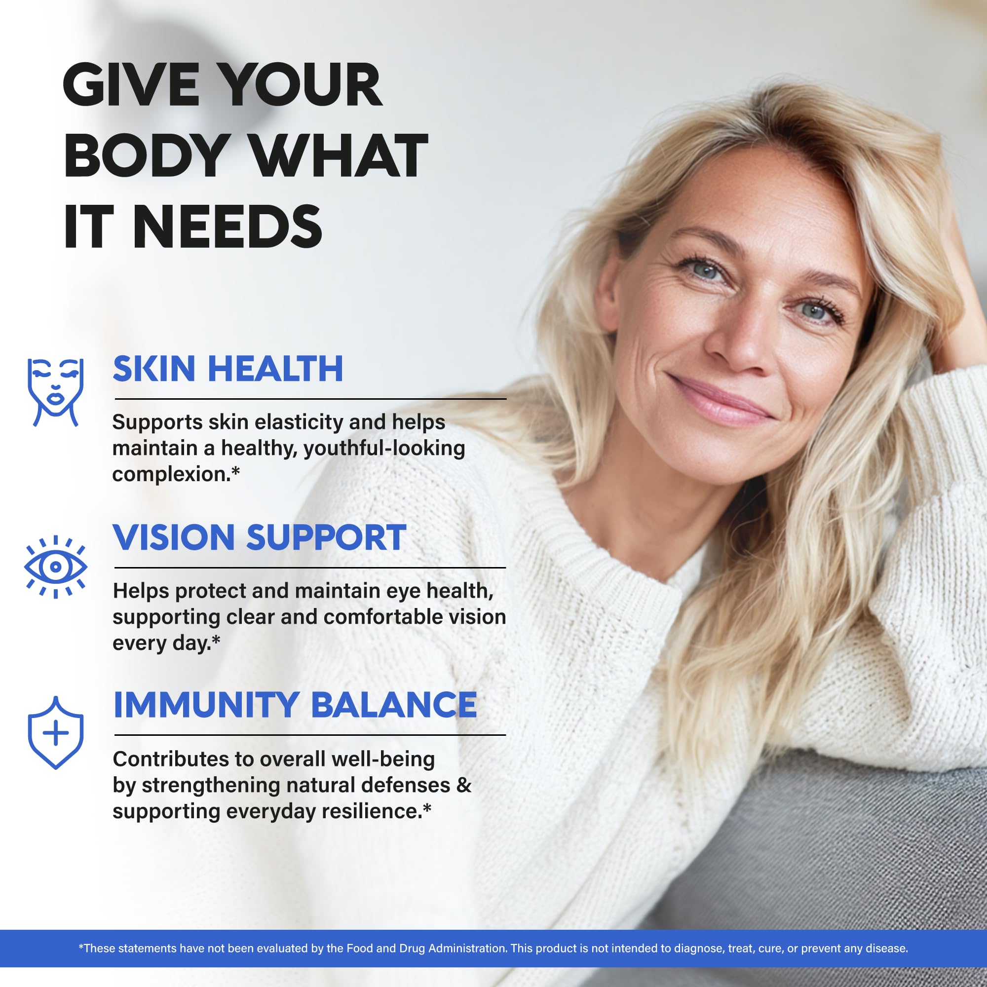 NUTRAHARMONY usage quotidien peau et yeux – soutien potentiel de clarté et confort visuel.