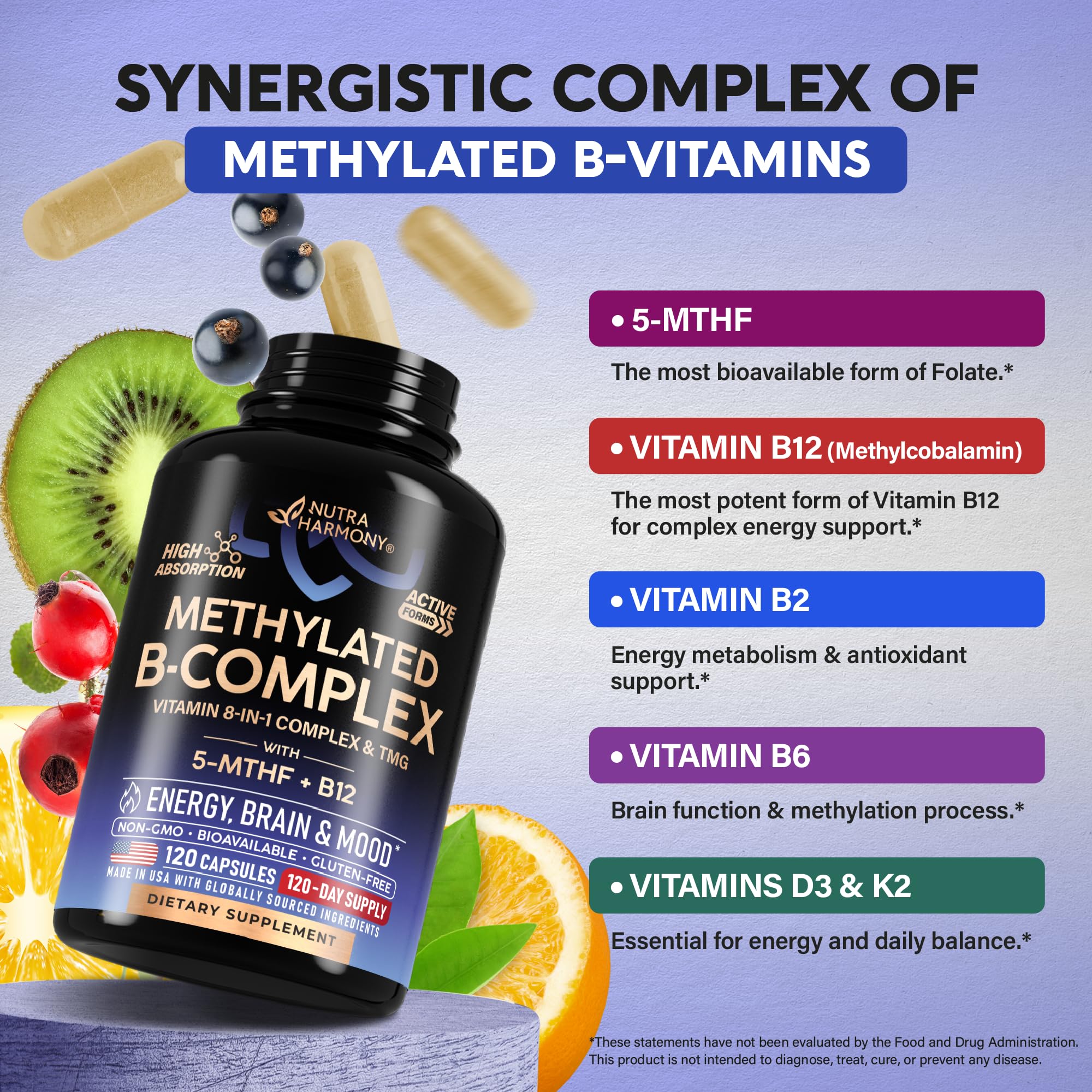 NUTRAHARMONY Vitamine B Complex méthylé – étiquette verso lisible et informative.