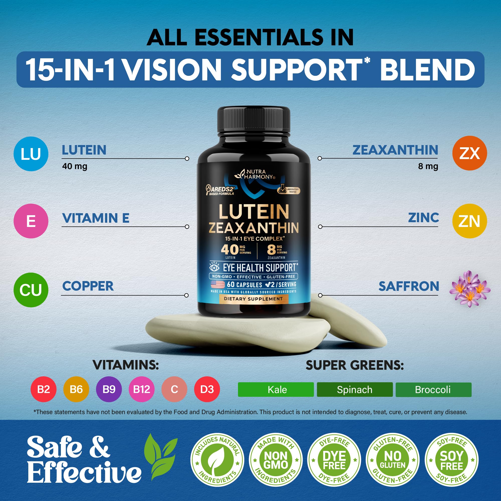 Nutraharmony Vitamines B C D pour les yeux : soutien du métabolisme cellulaire.