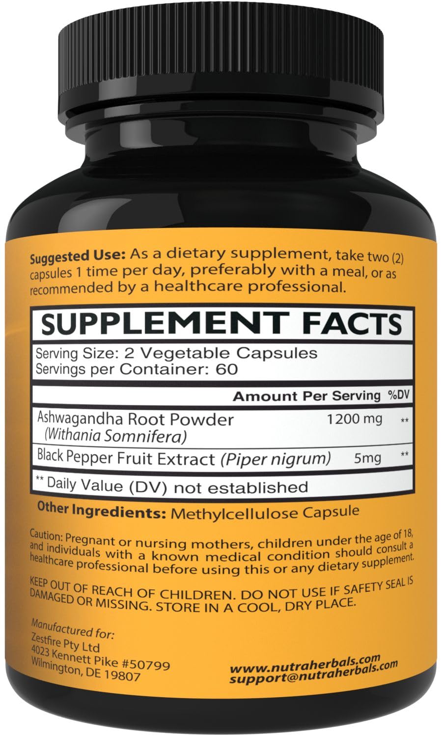 NutraHerbals Ashwagandha : capsules riches en 1200 mg pour un apport puissant.