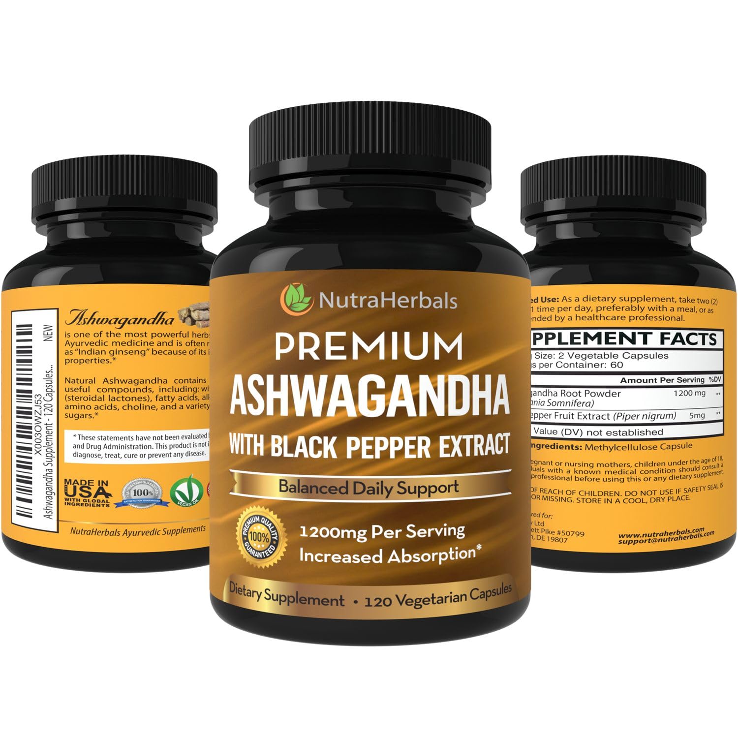 NutraHerbals Ashwagandha : capsules véganes sans additifs.