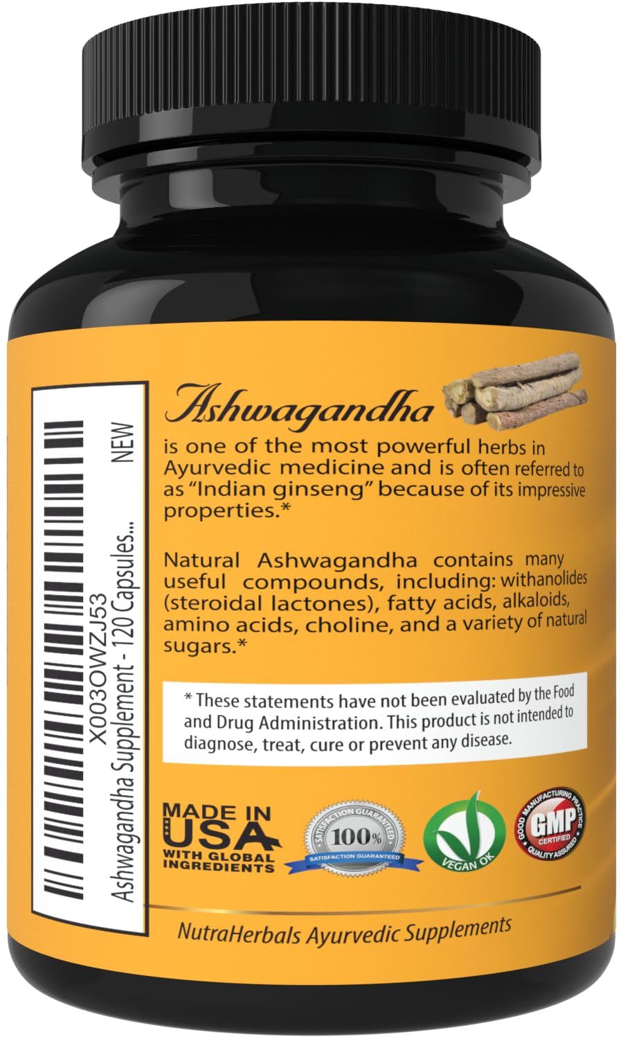 NutraHerbals Ashwagandha : extrait de poivre noir pour meilleure absorption.