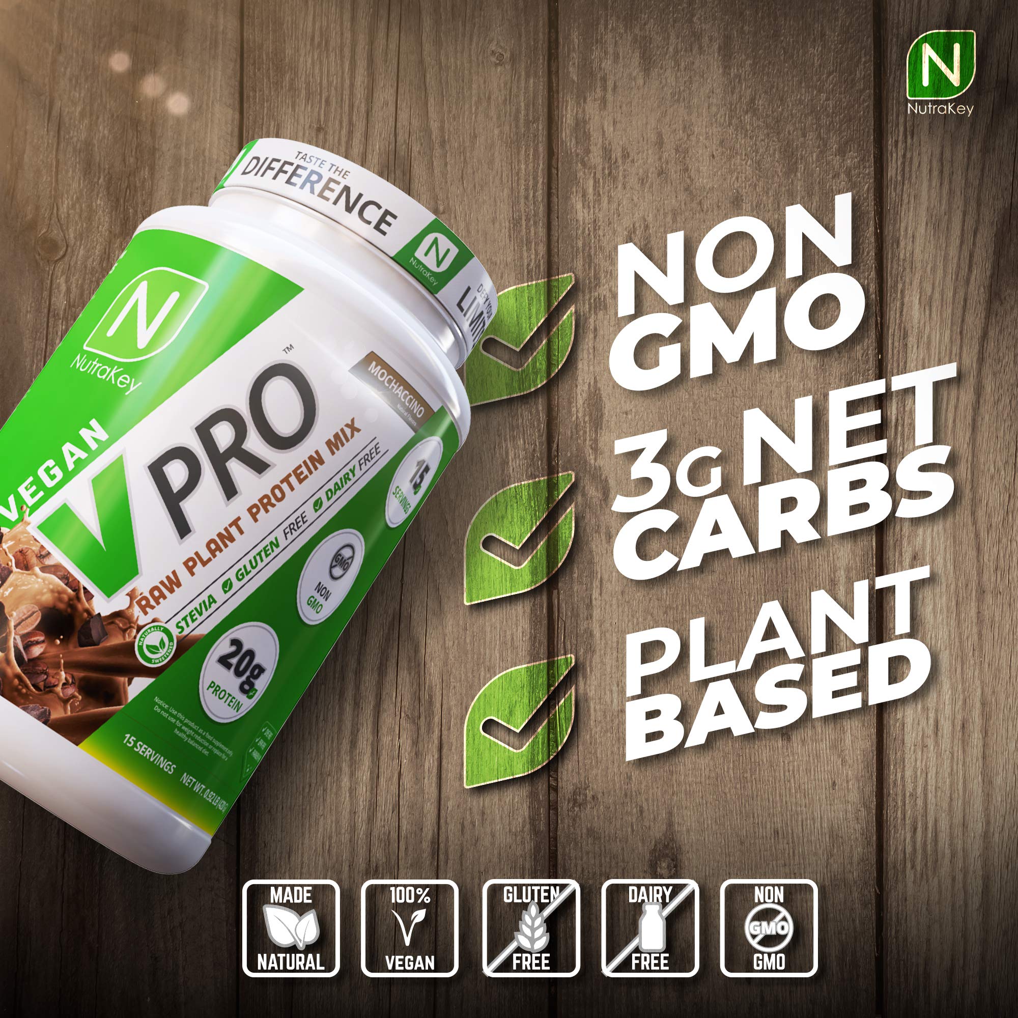 NutraKey V-Pro mélange protéines végétales à six sources, riche en acides aminés essentiels d’origine végétale, parfait après l’entraînement.