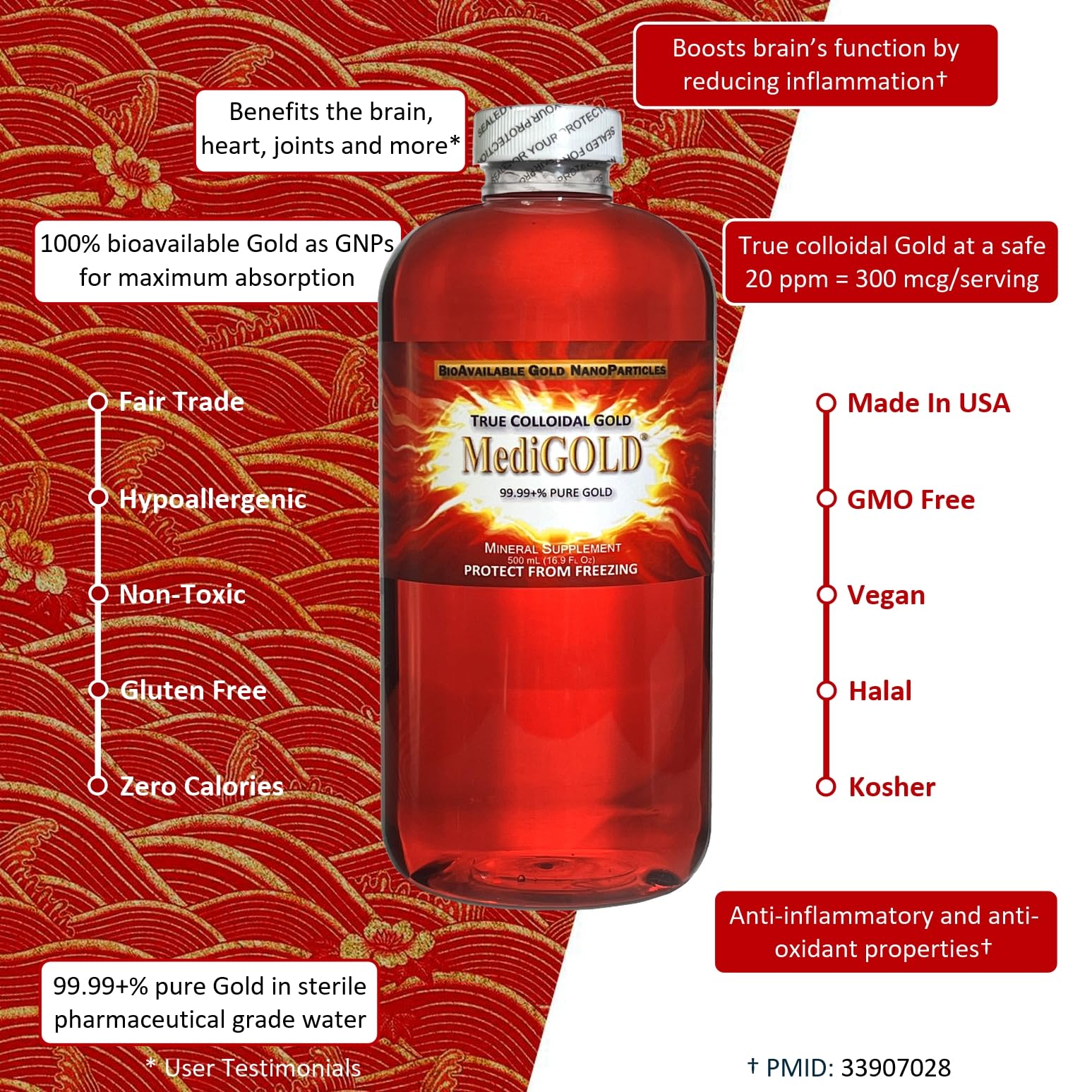 Étiquette Nutraneering MediGOLD en détail, évoquant le bien-être et la simplicité d’utilisation.