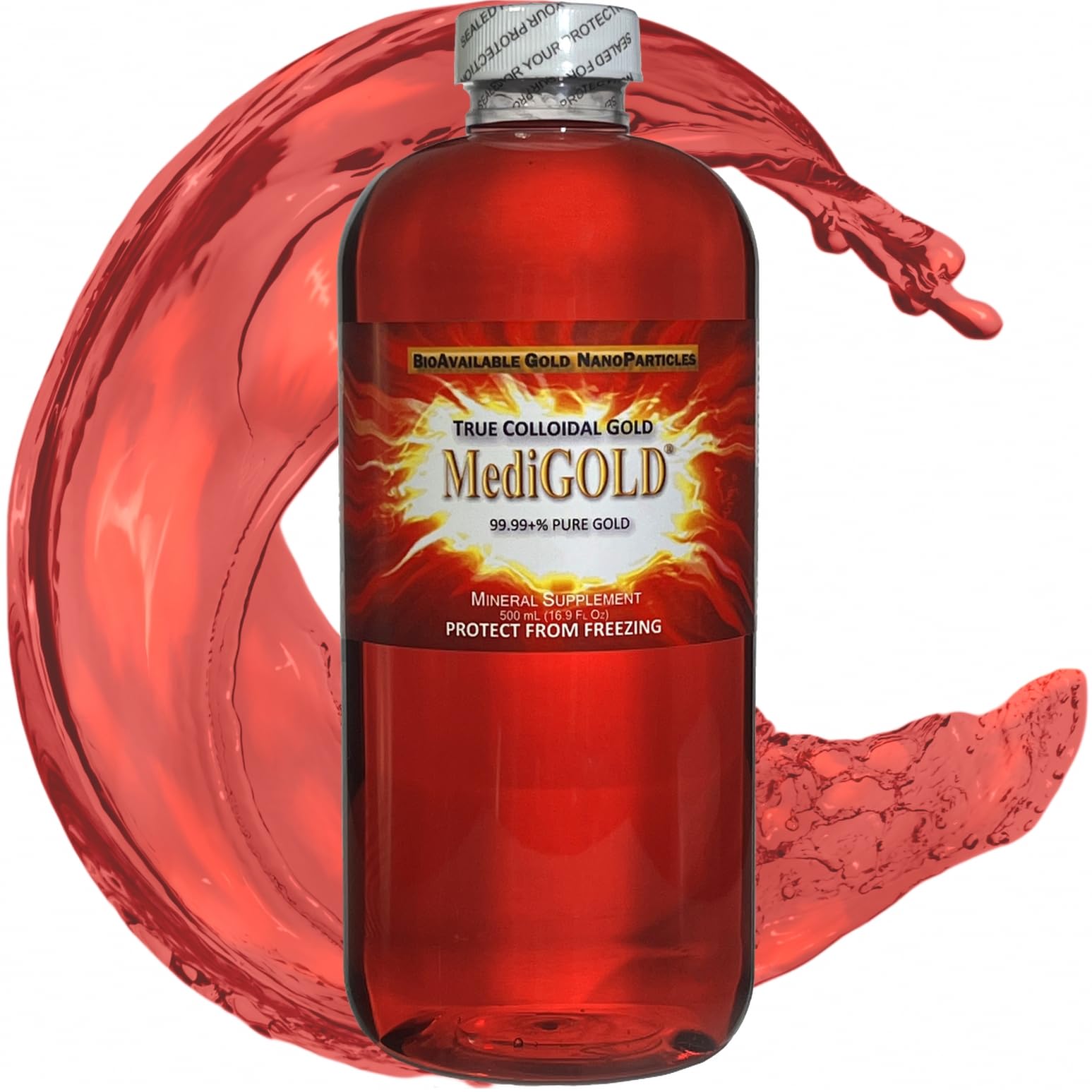 MediGOLD de Nutraneering dans une bouteille claire en plastique, prêt à l’emploi quotidien.