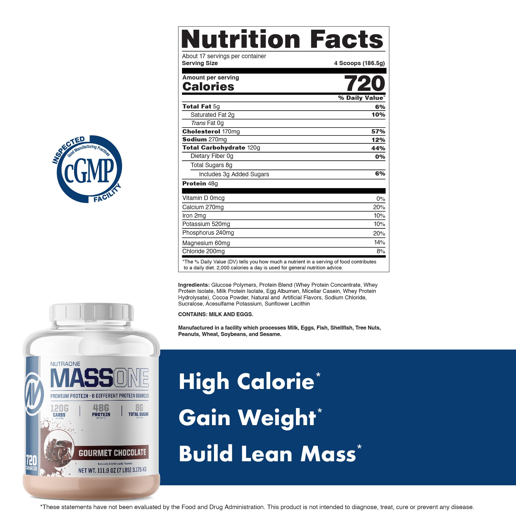 NutraOne Massone Gainer: emballage 3,2 kg pratique et durable.