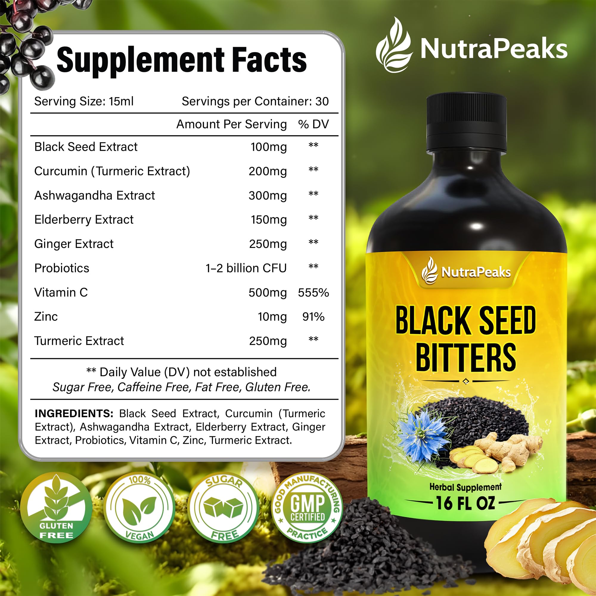 NutraPeaks Bitters Nigelle: étiquette claire décrivant les ingrédients premium.