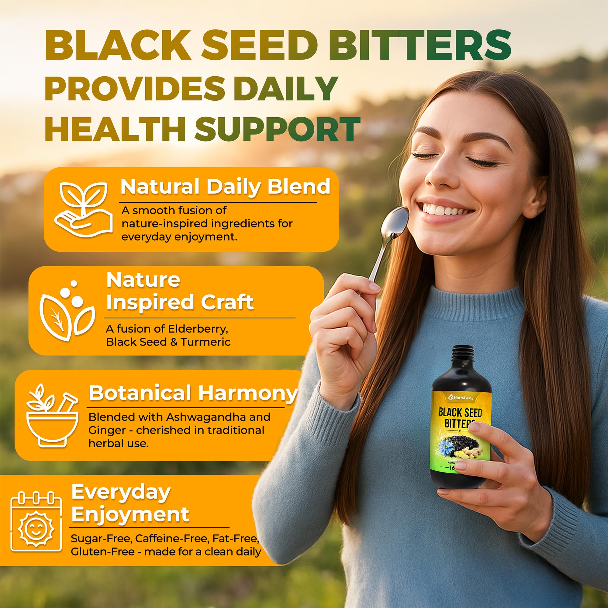 NutraPeaks Bitters Nigelle: goutte à goutte pour un rituel quotidien.
