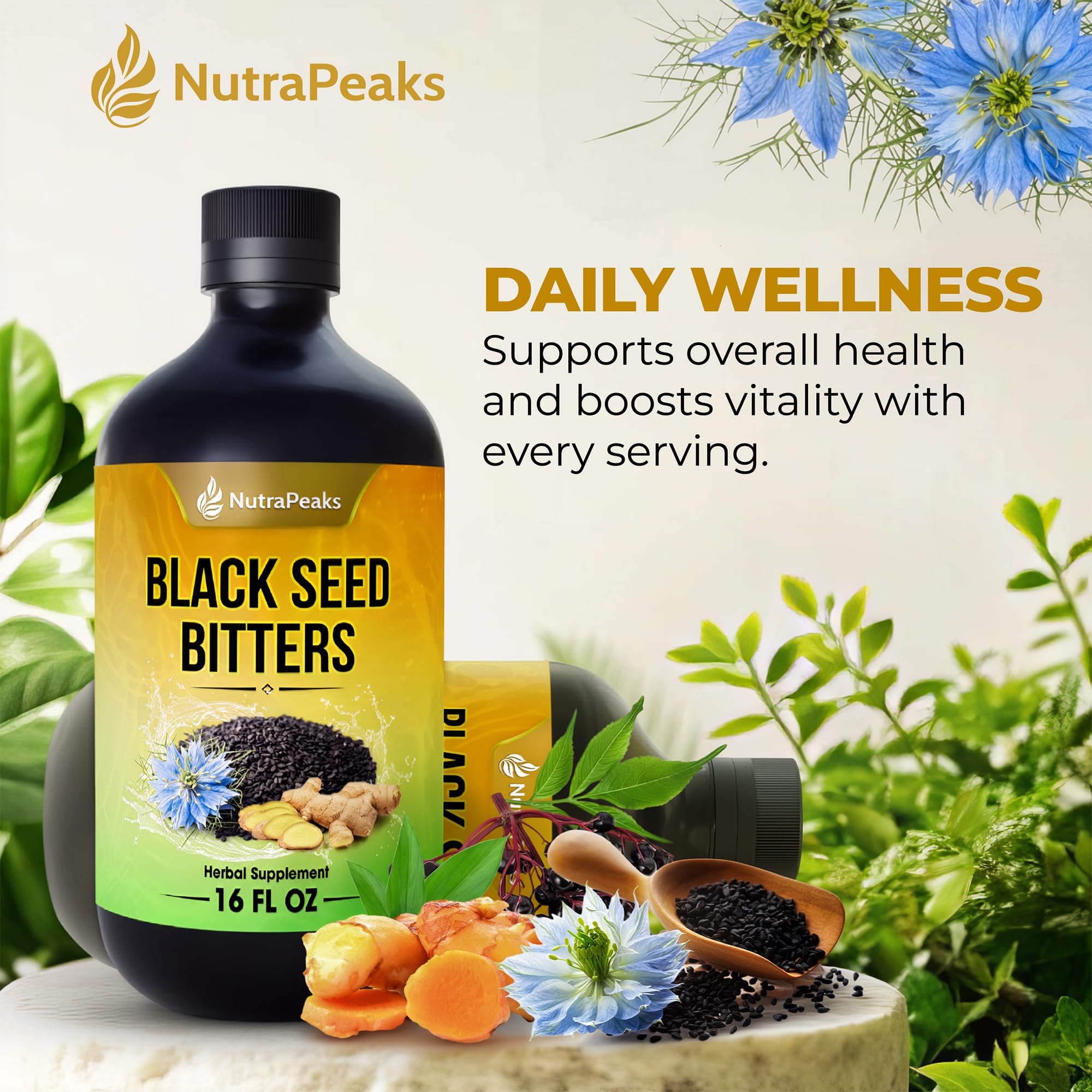 NutraPeaks Bitters Nigelle: sureau et probiotiques pour un soutien digestif potentiel.