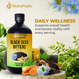 NutraPeaks Bitters Nigelle: sureau et probiotiques pour un soutien digestif potentiel.