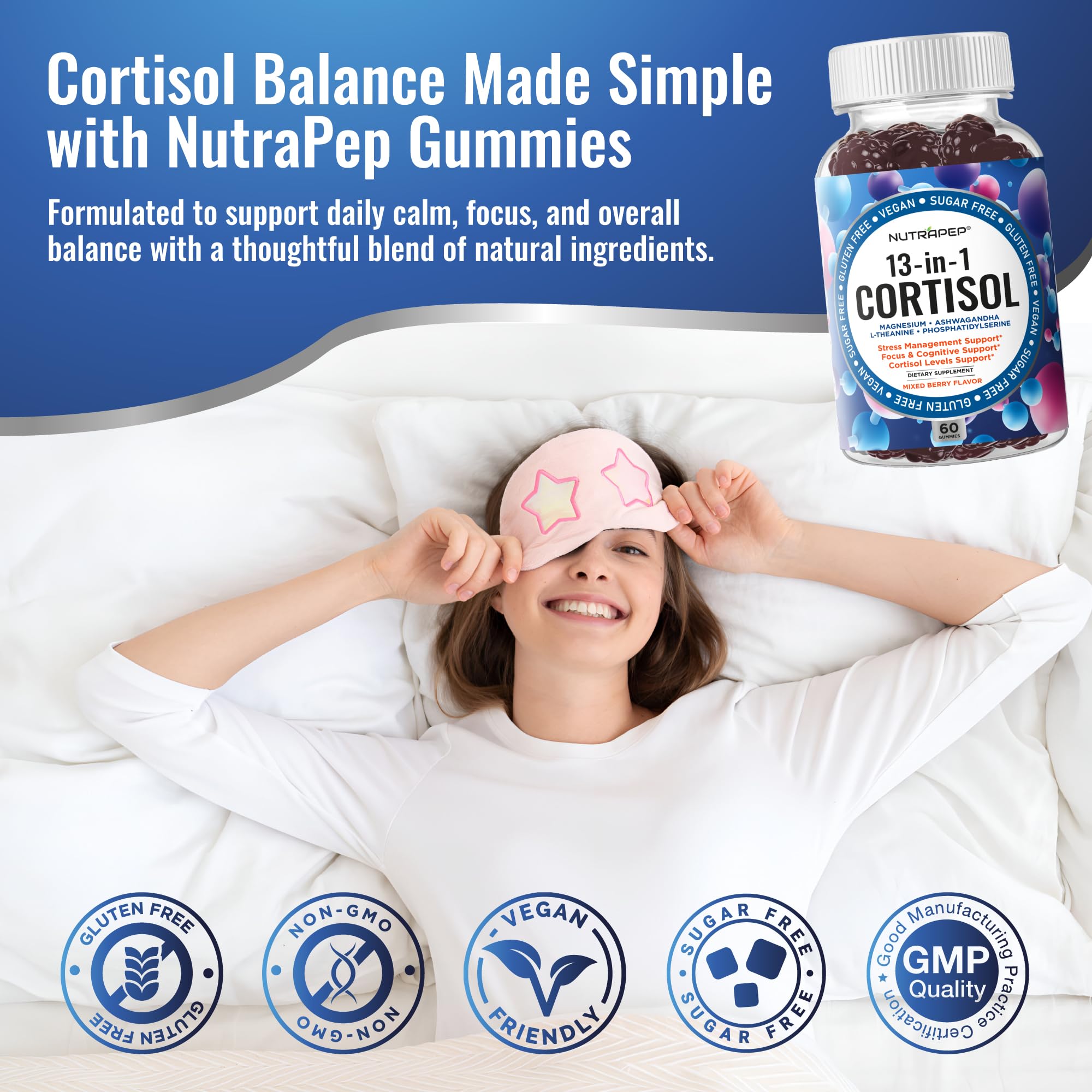 NutraPep Cortisol Gummies saveur fruits, plaisir quotidien sans sucre ajouté.