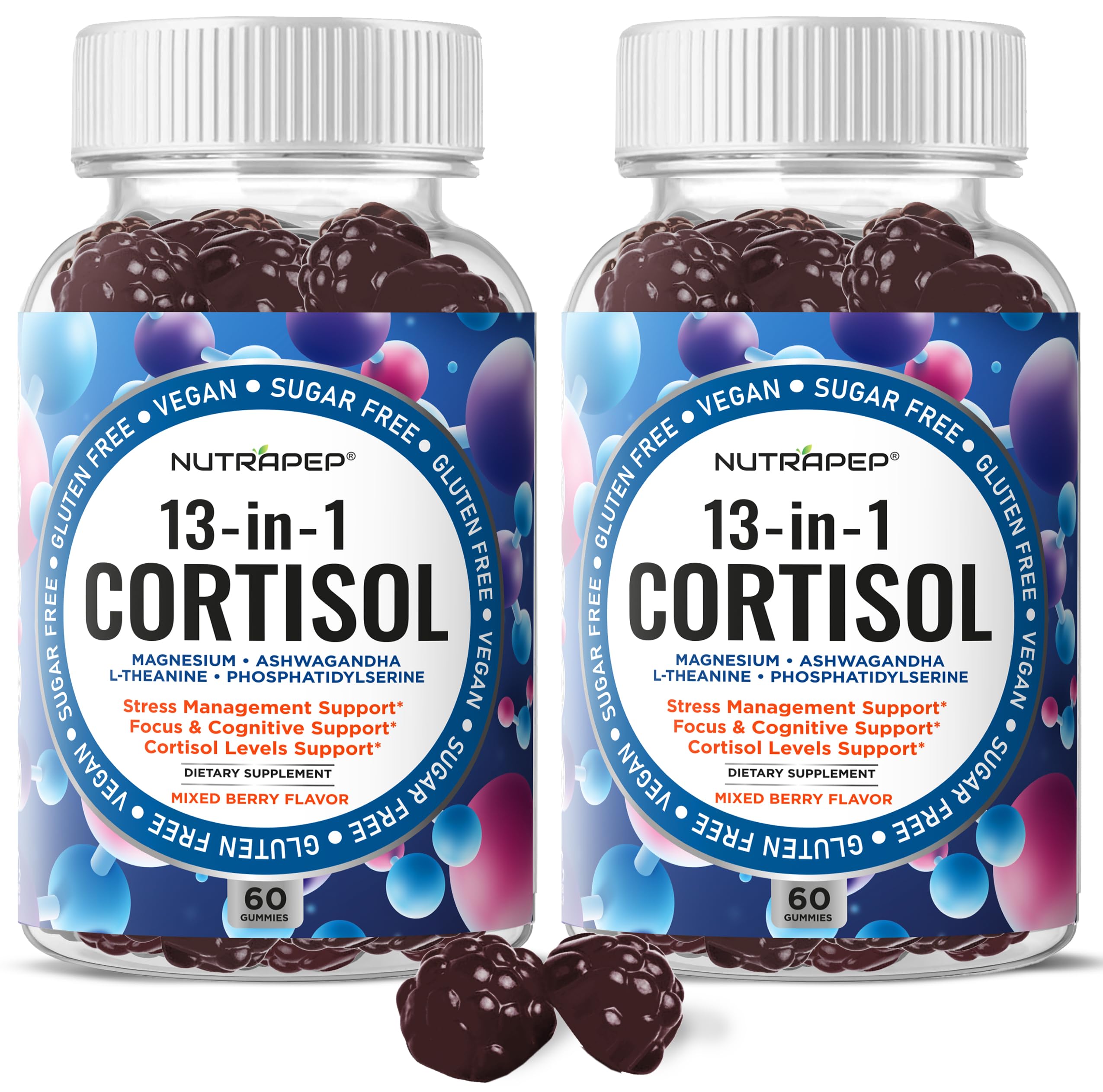 NutraPep Cortisol Gummies pack de bouteilles, soutien quotidien au calme et focus.