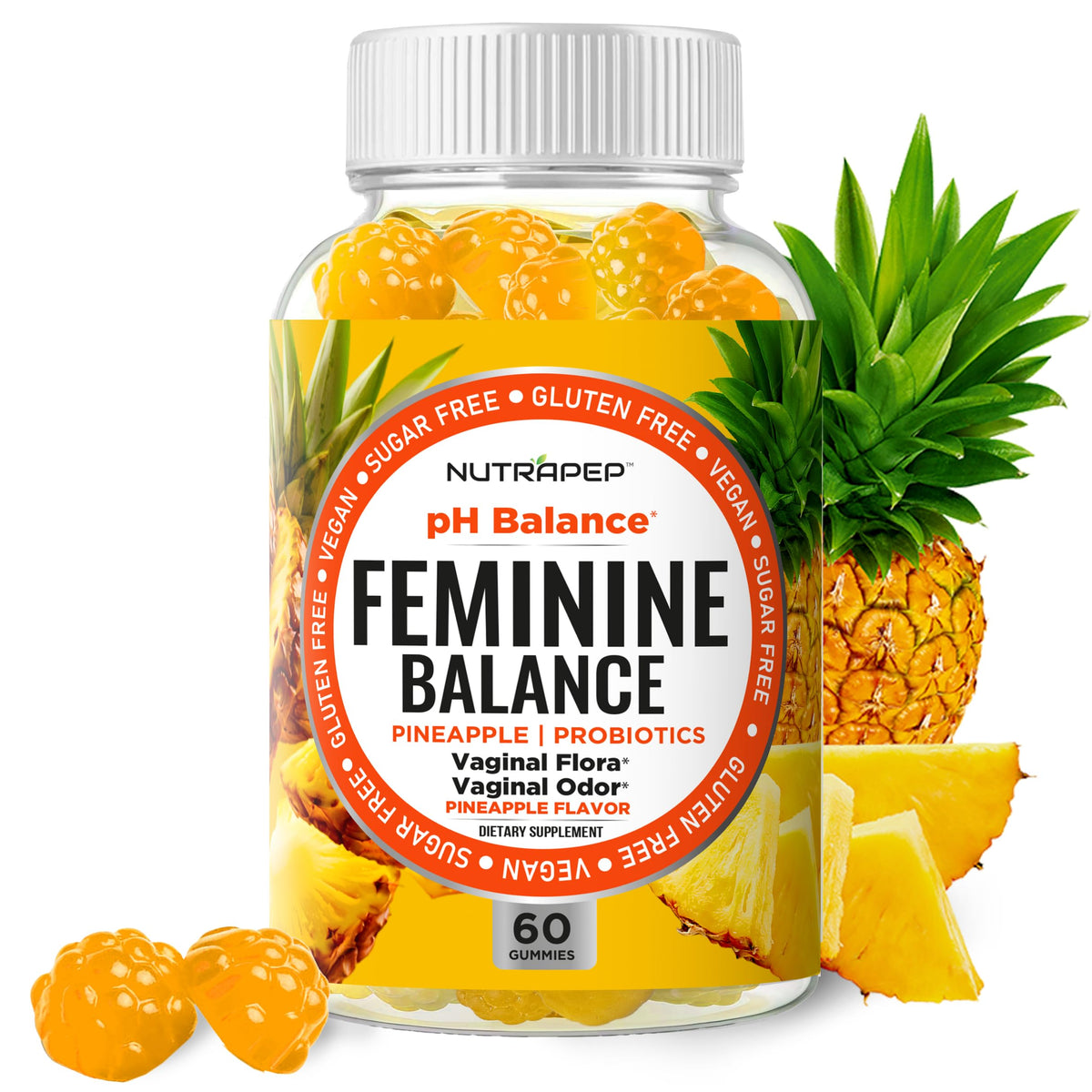NutraPep Feminine Balance Gummies à l’ananas, soutien quotidien du confort intime.