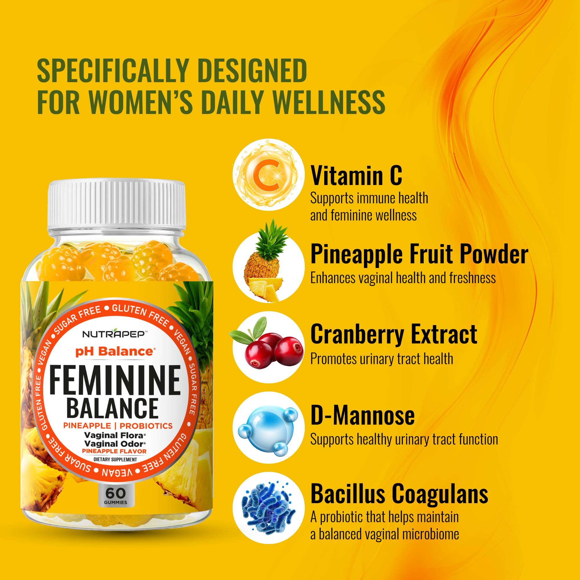 Gummies NutraPep Bacillus Coagulans, favorisant un microbiote féminin équilibré.