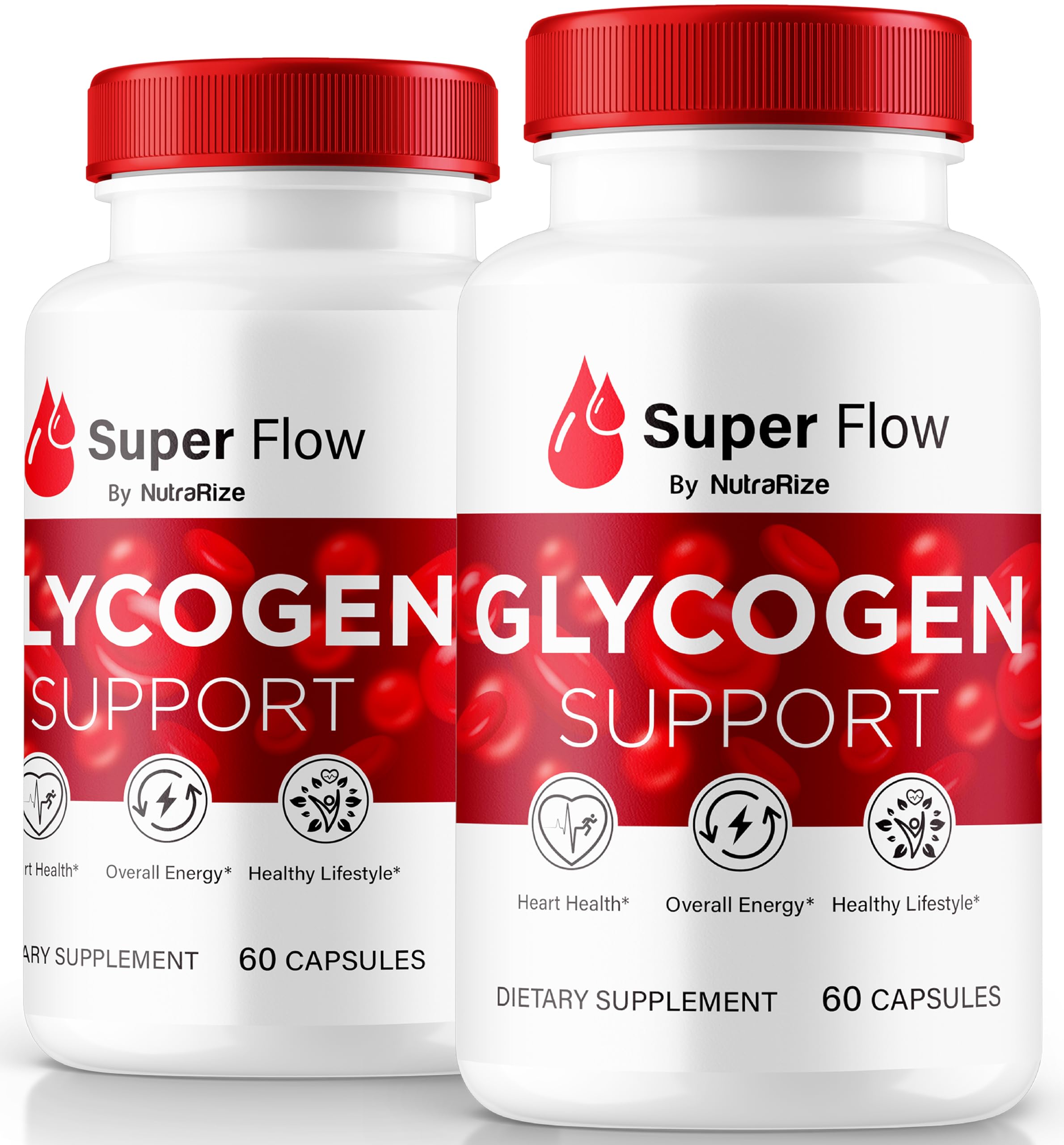 NutraRize Super Flow Glycogen – bouteille montrant l'emballage et énergie quotidienne.