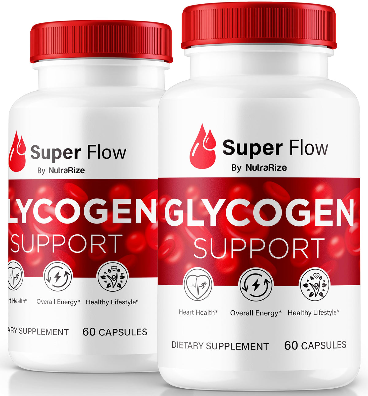NutraRize Super Flow Glycogen – bouteille montrant l'emballage et énergie quotidienne.