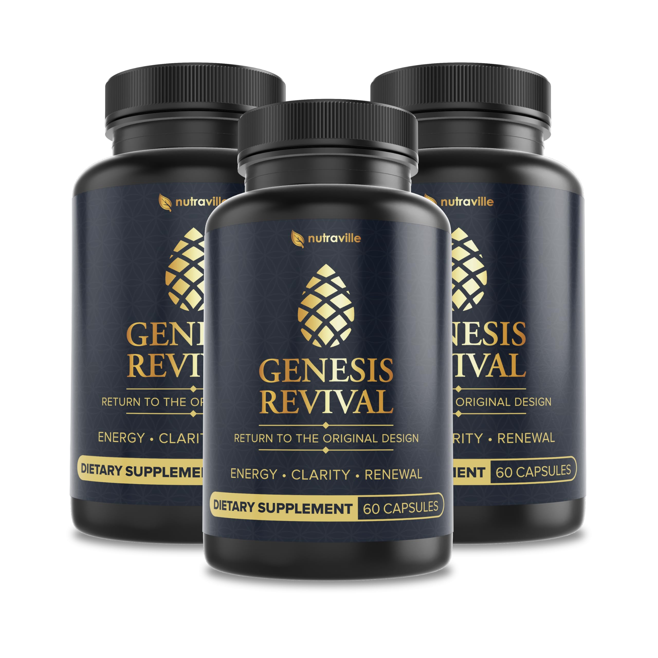 Nutraville Genesis Revival – bouteille de capsules, énergie naturelle potentielle et clarté mentale.