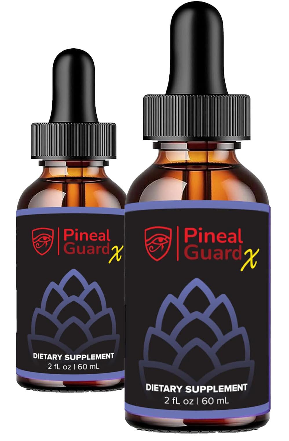 Nutraville Pineal Guard X gouttes près d'un verre, éveil potentiel du troisième œil