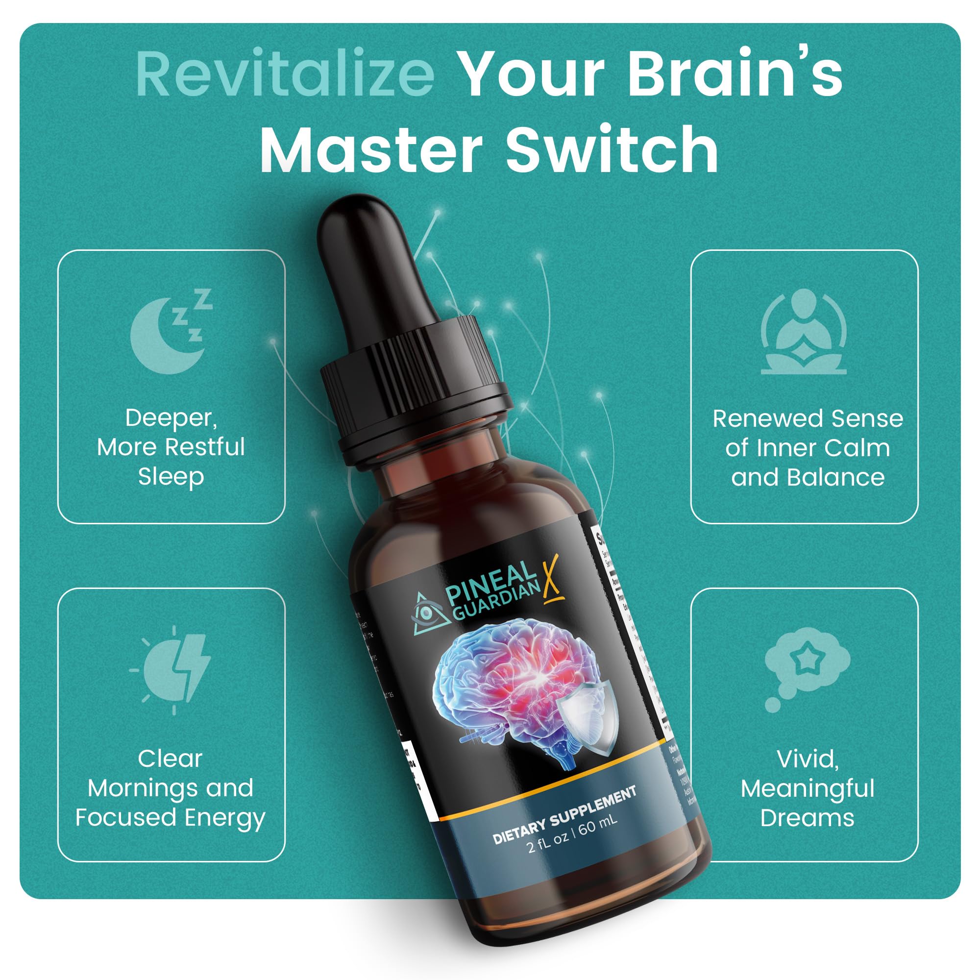 Nutraville Pineal Guardian X, tableau ingrédients clair présentant les composants clés.