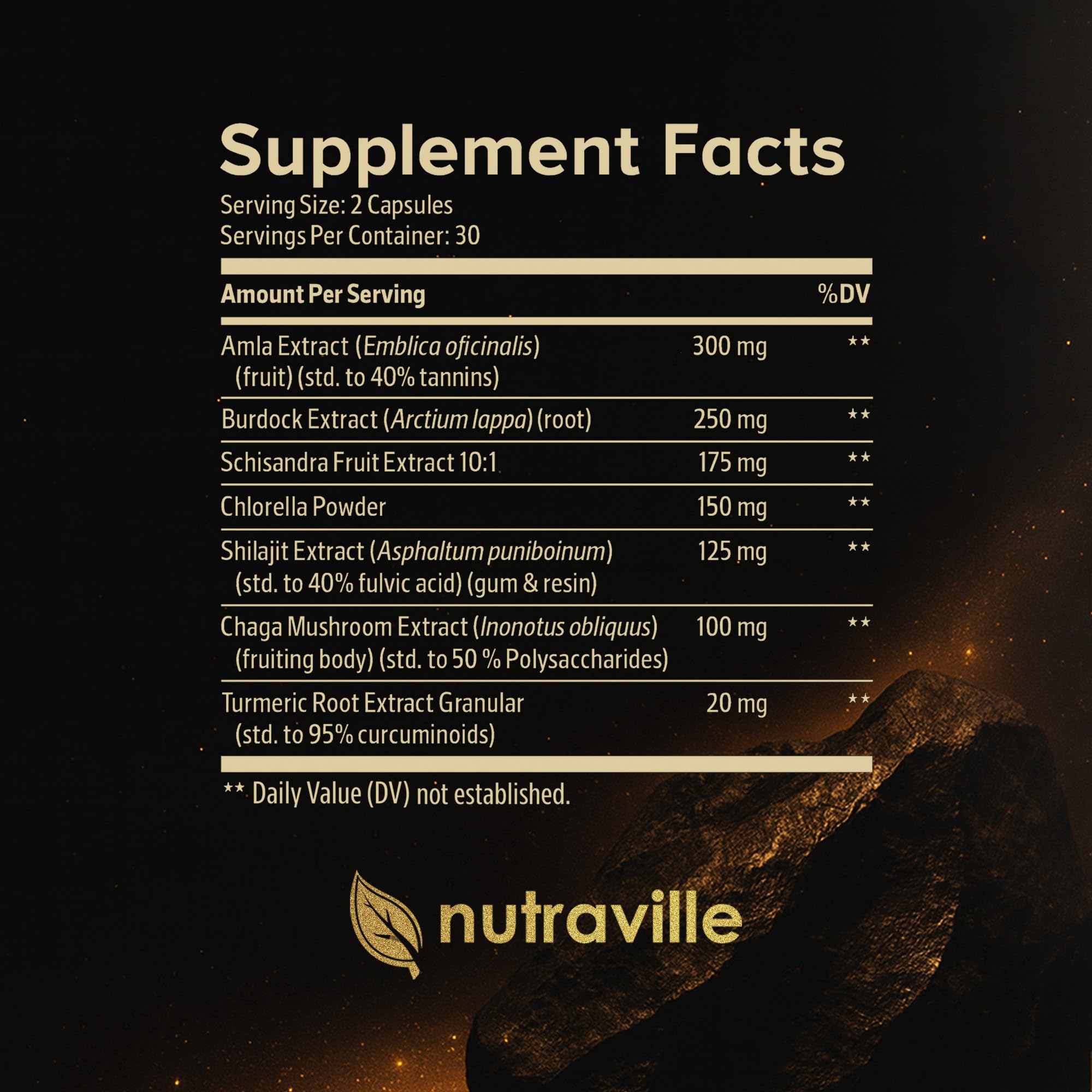 Nutraville Pineal XT Platinum — étiquette et fiche nutritionnelle, acide fulvique et minéraux