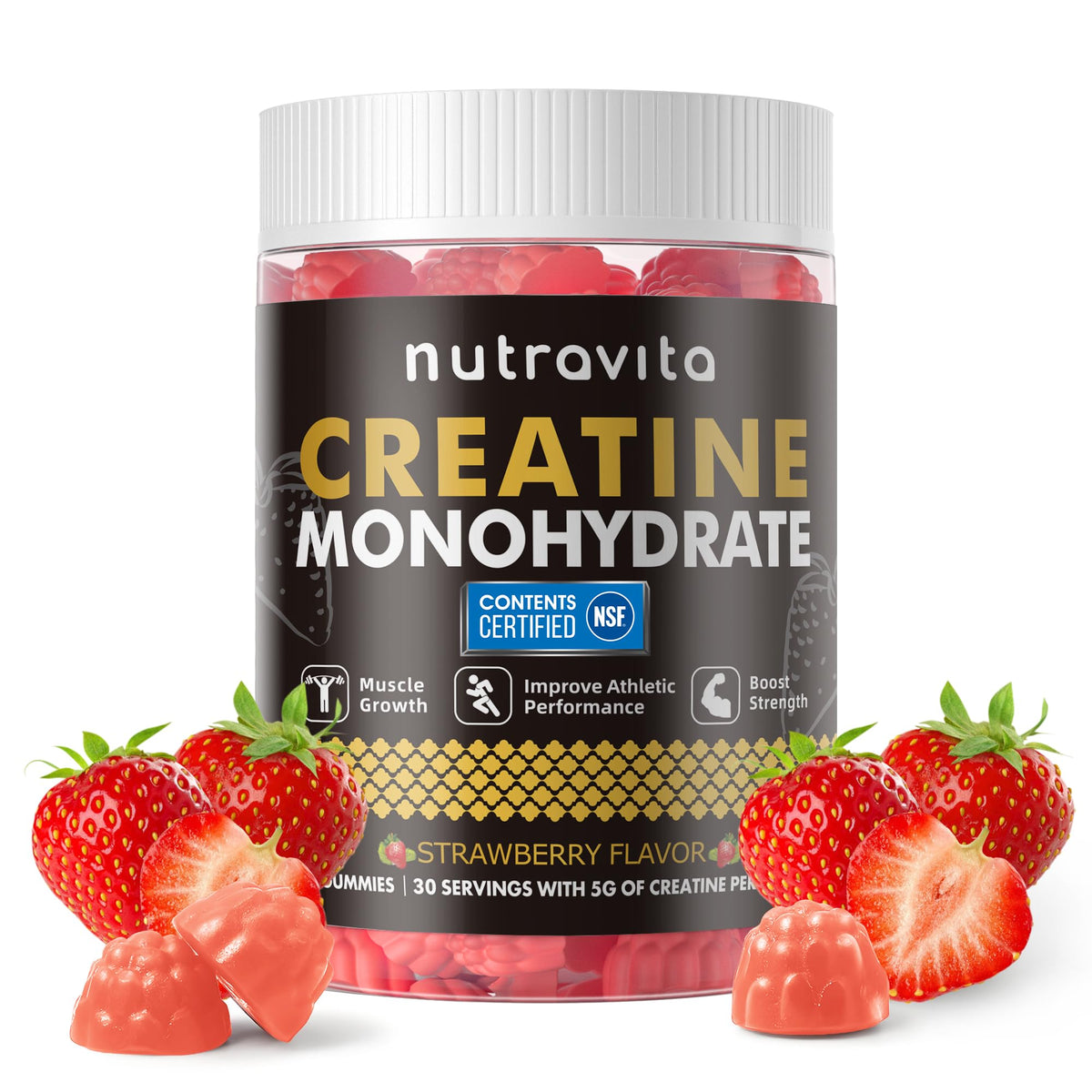 Nutravita bonbons gélifiés de créatine dans le flacon, pratique à emporter après l’entraînement.