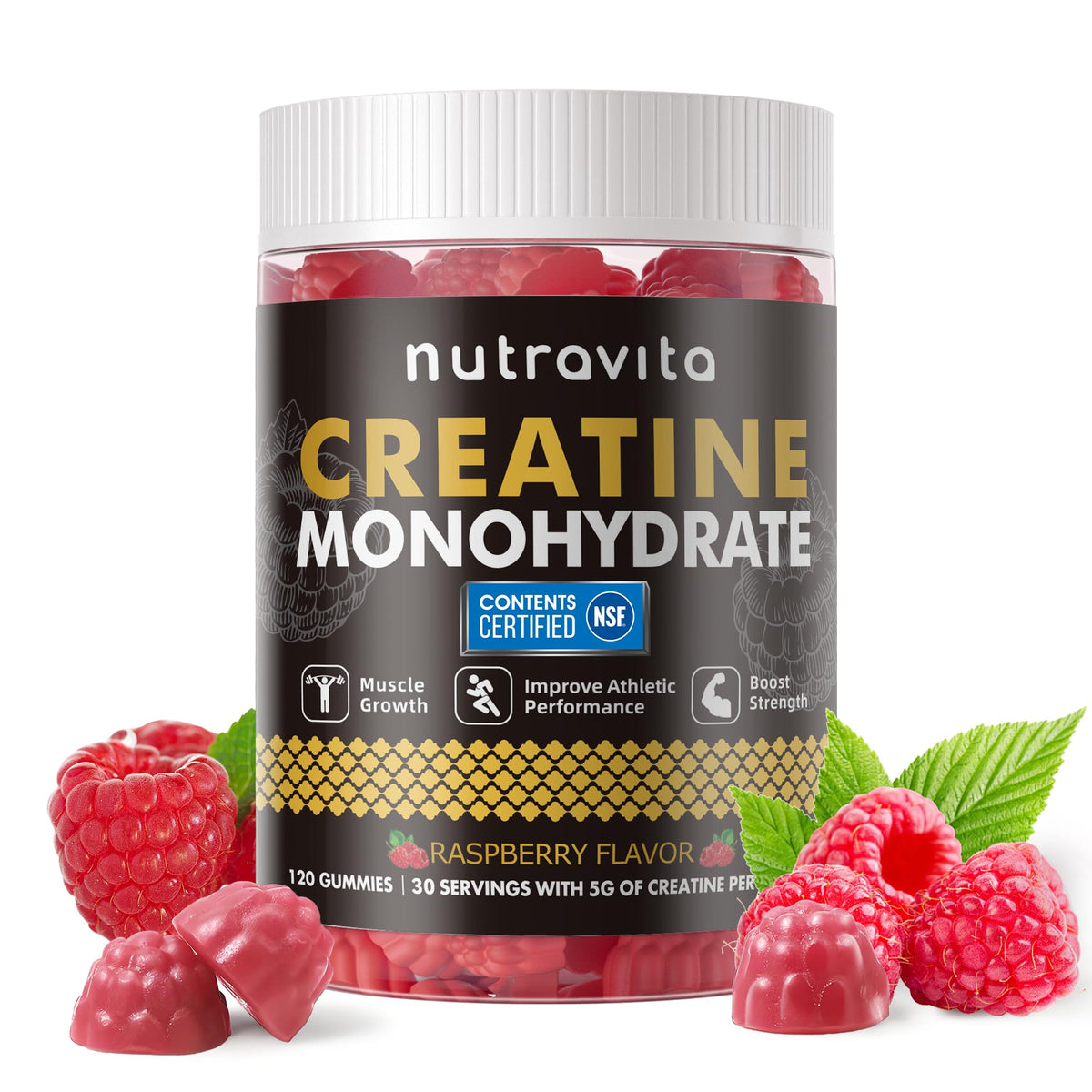Nutravita Créatine Monohydrate Gummies, flacon framboise, énergie potentielle pendant l’entraînement.
