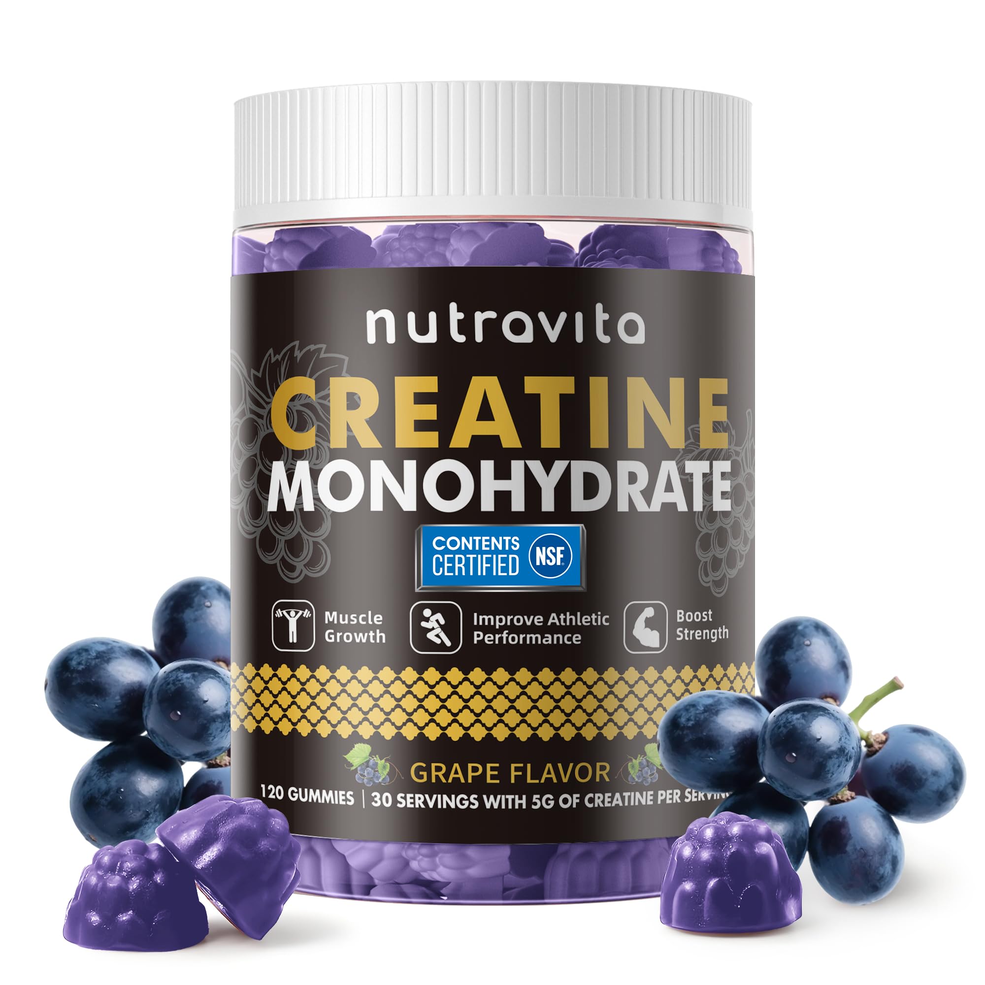 Nutravita gommes créatine monohydrate, emballage raisin, pratique et sans sucre.
