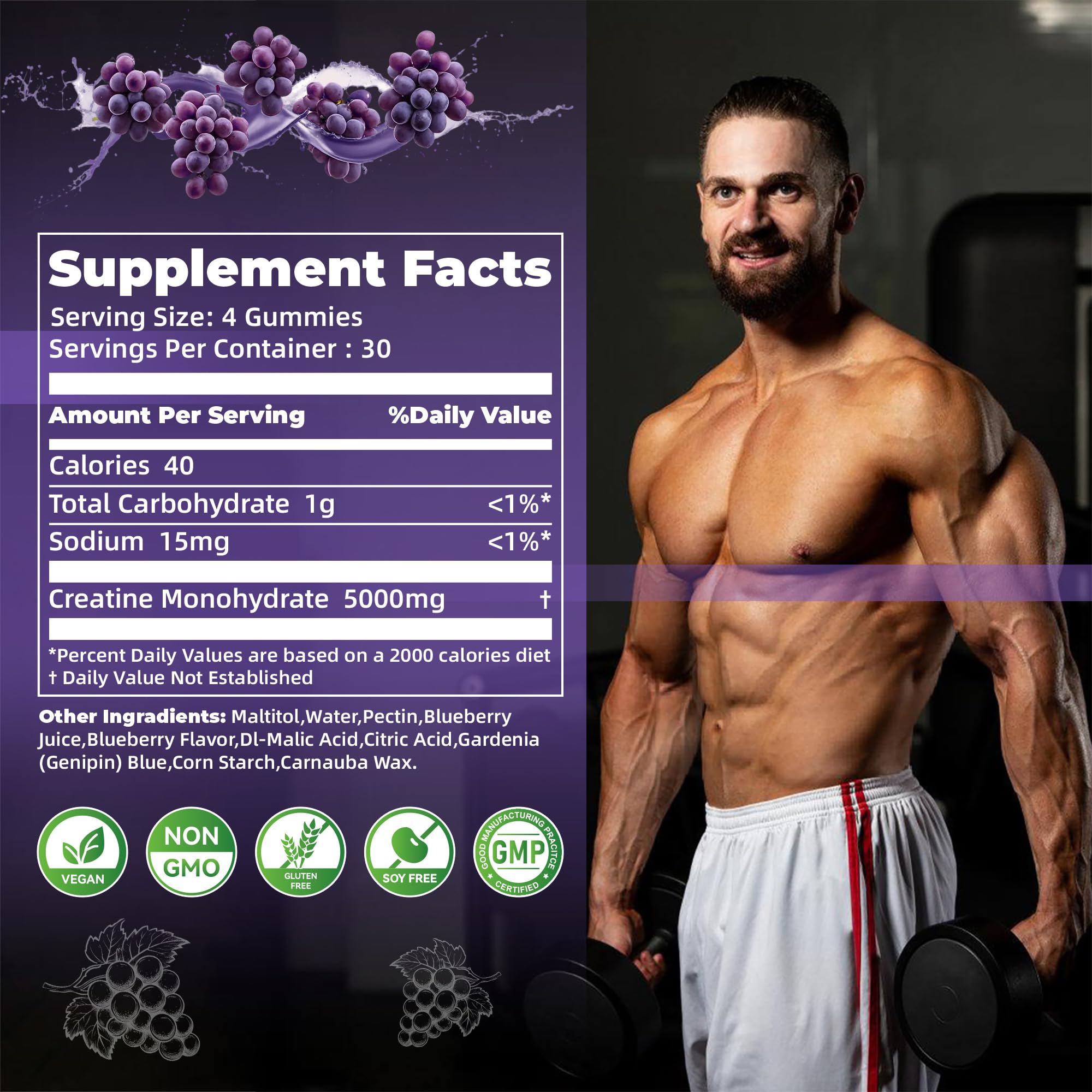 Nutravita gommes créatine monohydrate sans gluten, convenant aux intolérances.