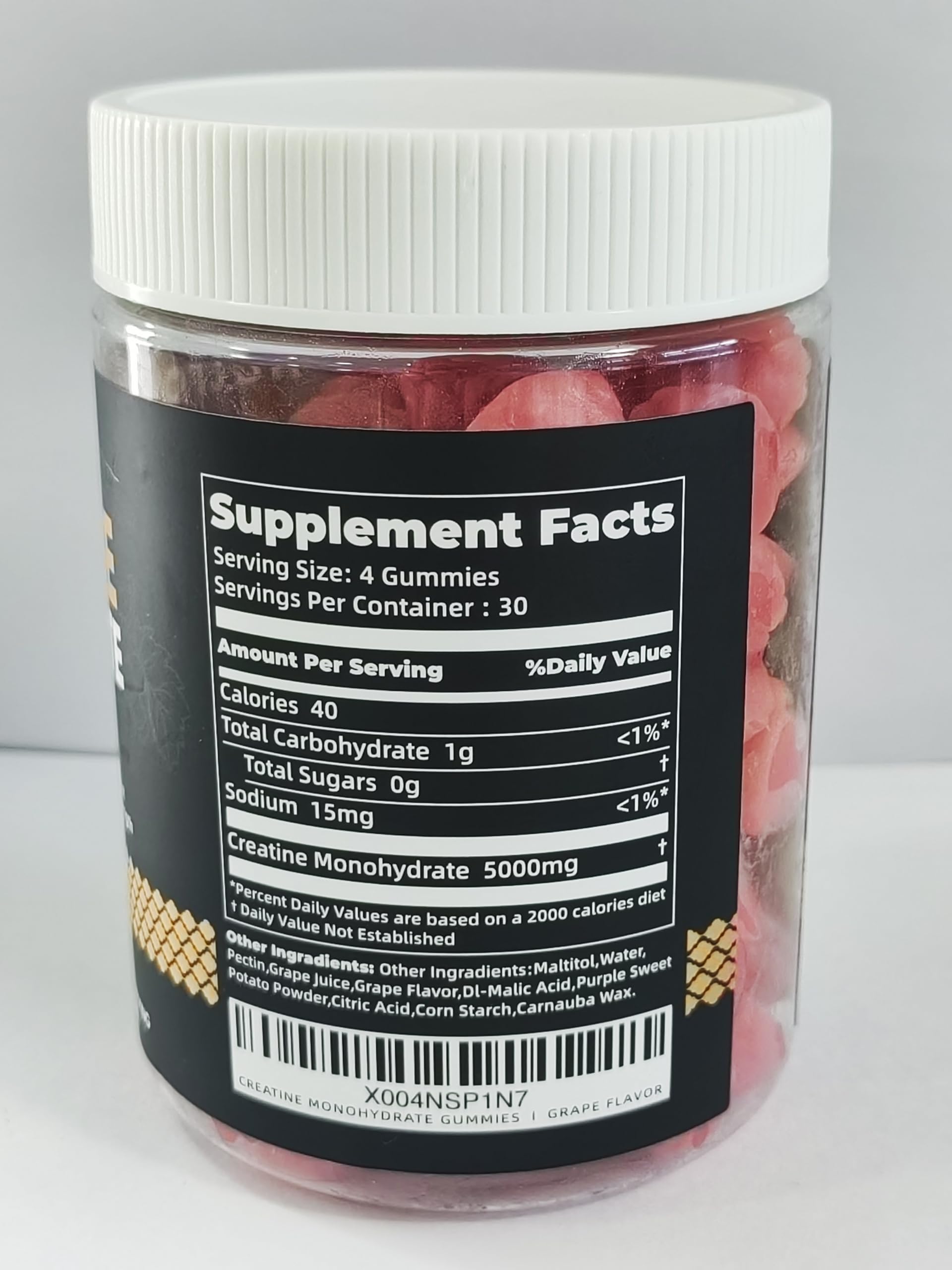 Nutravita gommes créatine monohydrate, trois gommes par portion pour dose pratique.