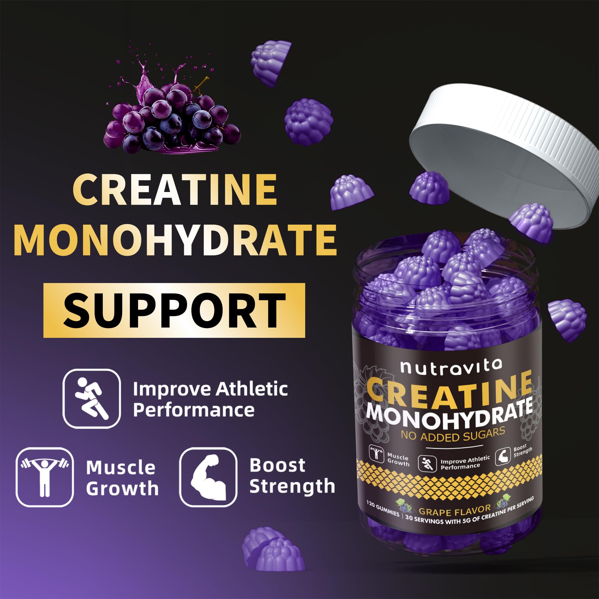 Nutravita gommes créatine monohydrate végan et sans gélatine pour végétaliens.