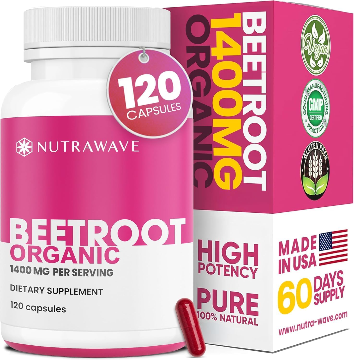 Nutrawave Betterave capsules – bouteille : soutien potentiel à l'énergie naturelle et à la vigilance.